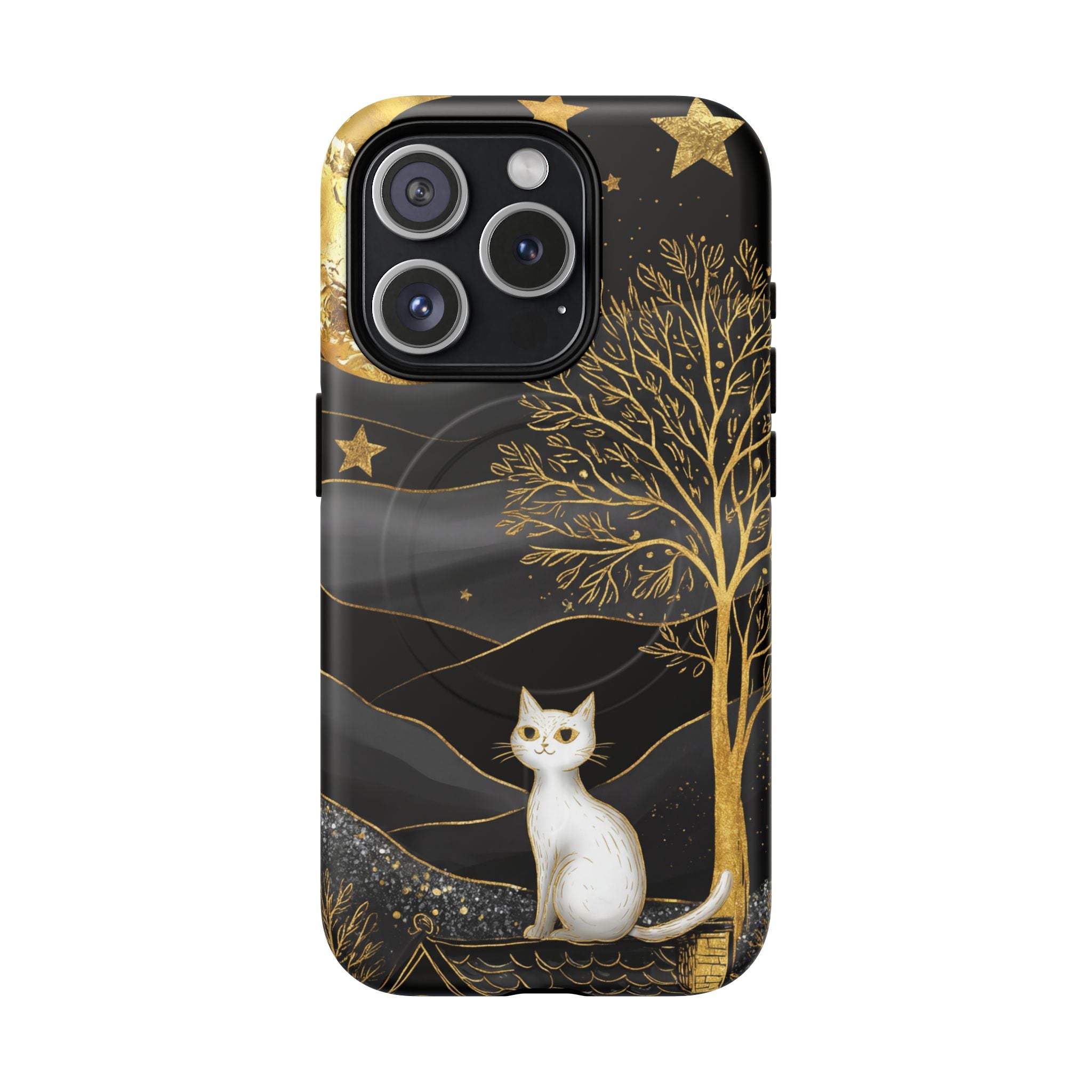 Custodia per iPhone Moonlit Cat | Custodia resistente MagSafe nera e oro