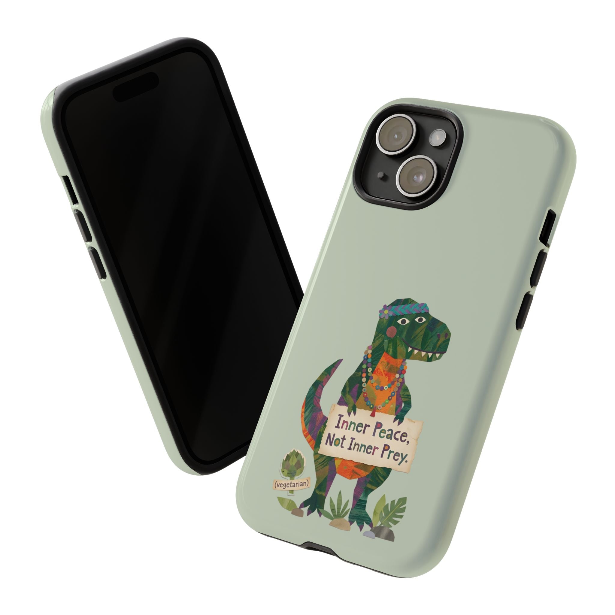 Funny T Rex Tough iPhone Case | Sage Green Inner Peace Dinosaur Cover