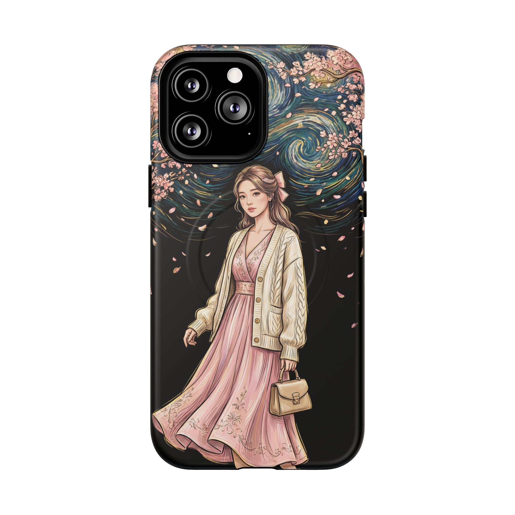 Floral Starry Night MagSafe iPhone Case | Elegant Girl in Pink Dress