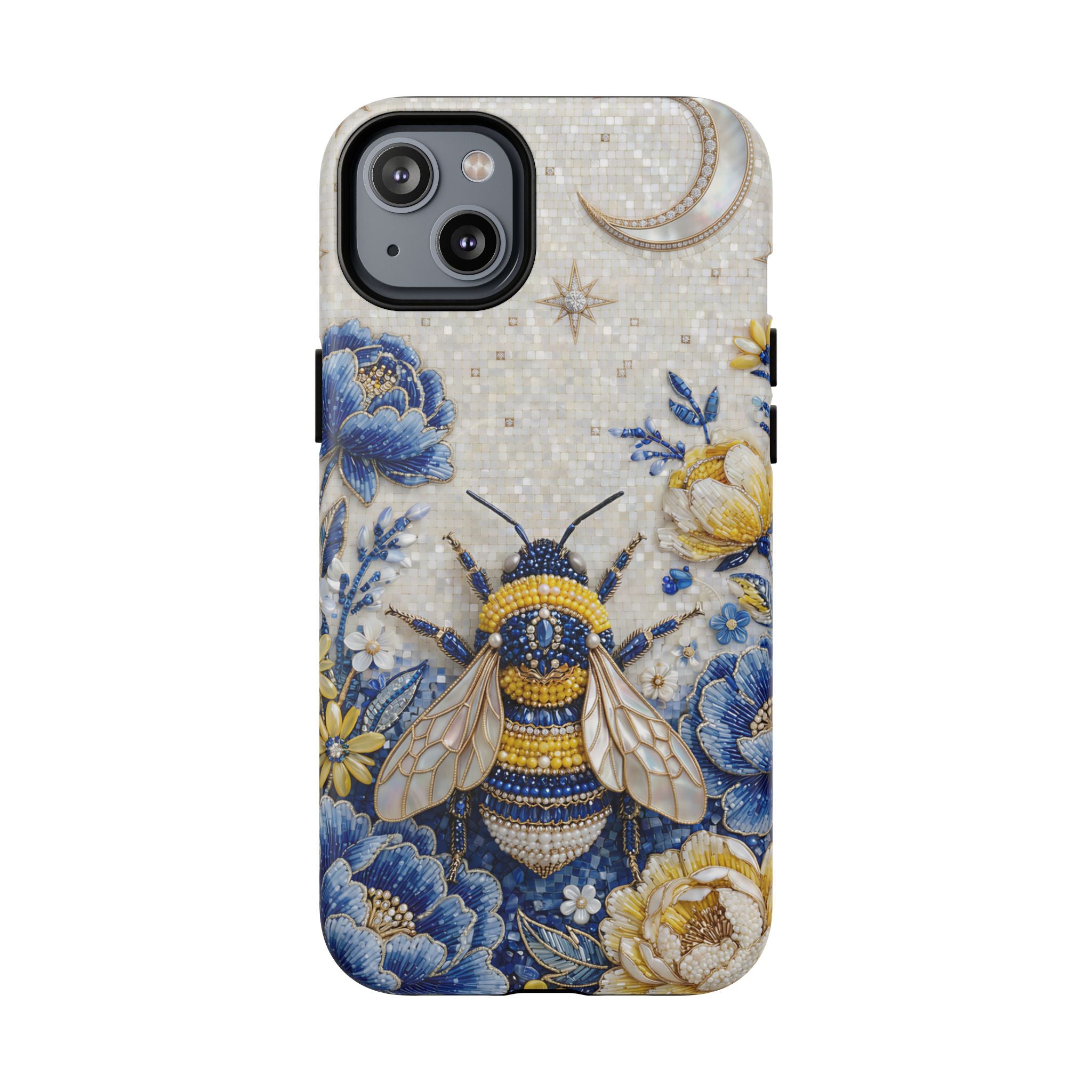 Floral Bee Tough MagSafe iPhone Case | Blue & Yellow Moon Garden Design