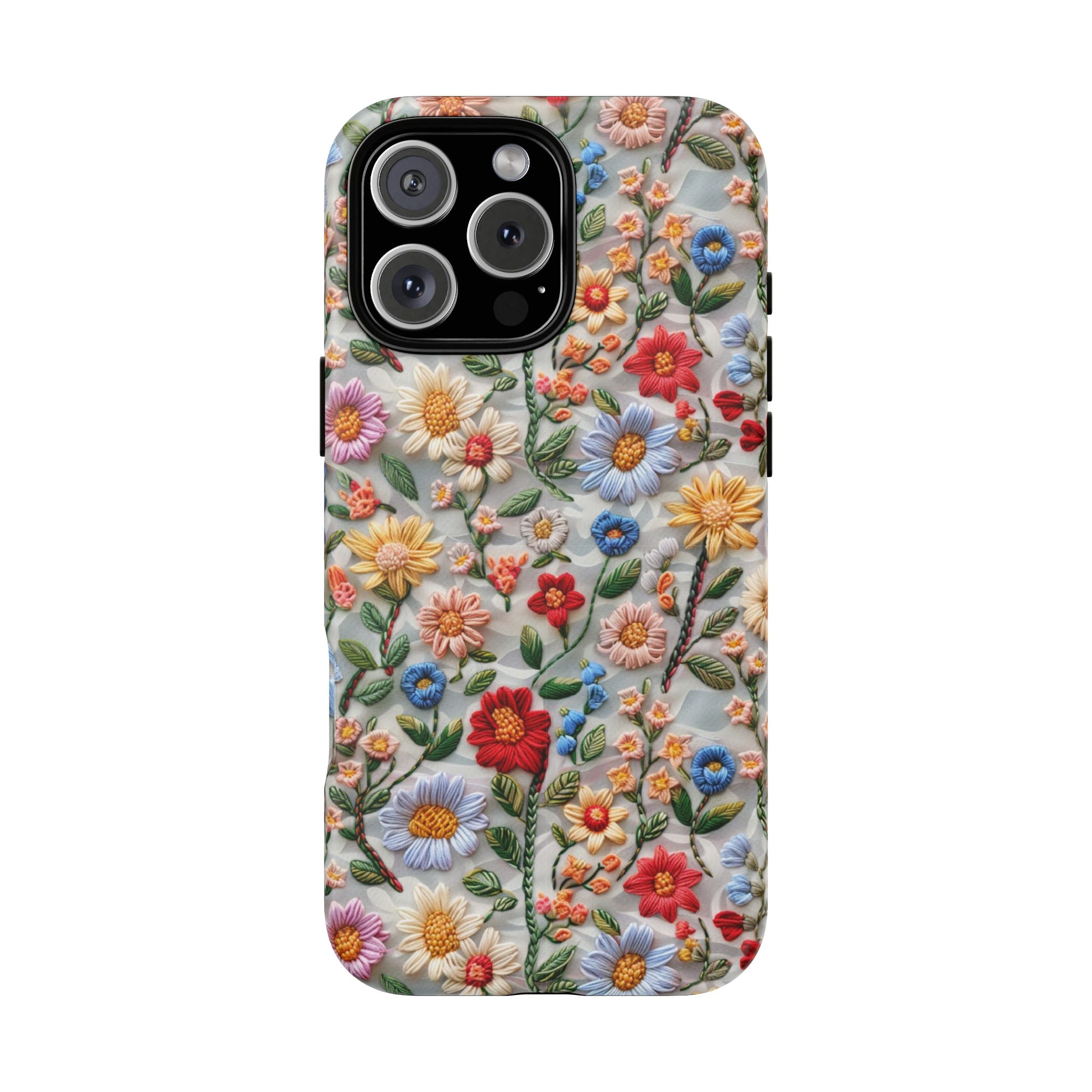 Floral Embroidered Pattern Tough iPhone Case — Colourful Daisy & Wildflower Design