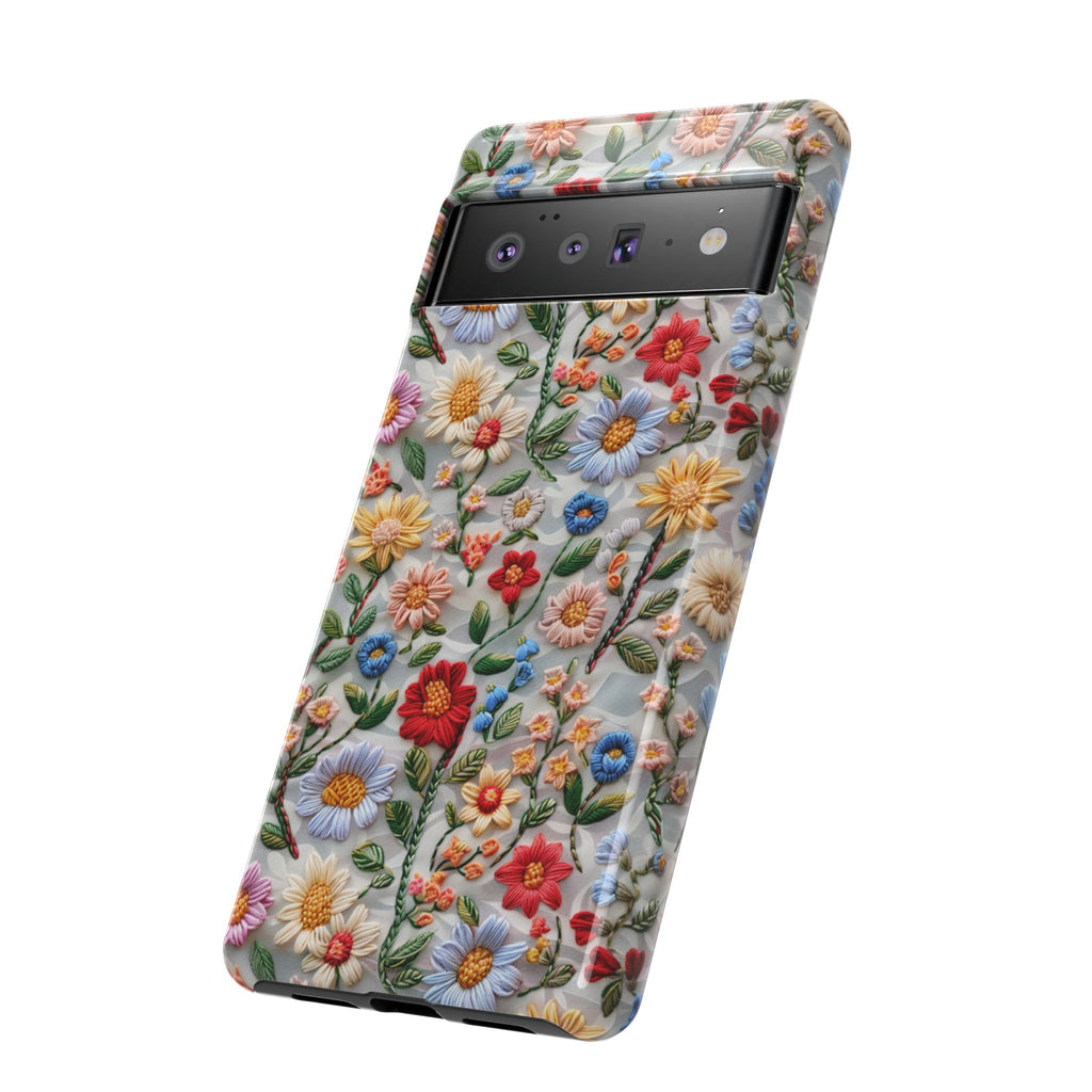 Floral Embroidered Pattern Tough Google Pixel Case — Colourful Daisy & Wildflower Design