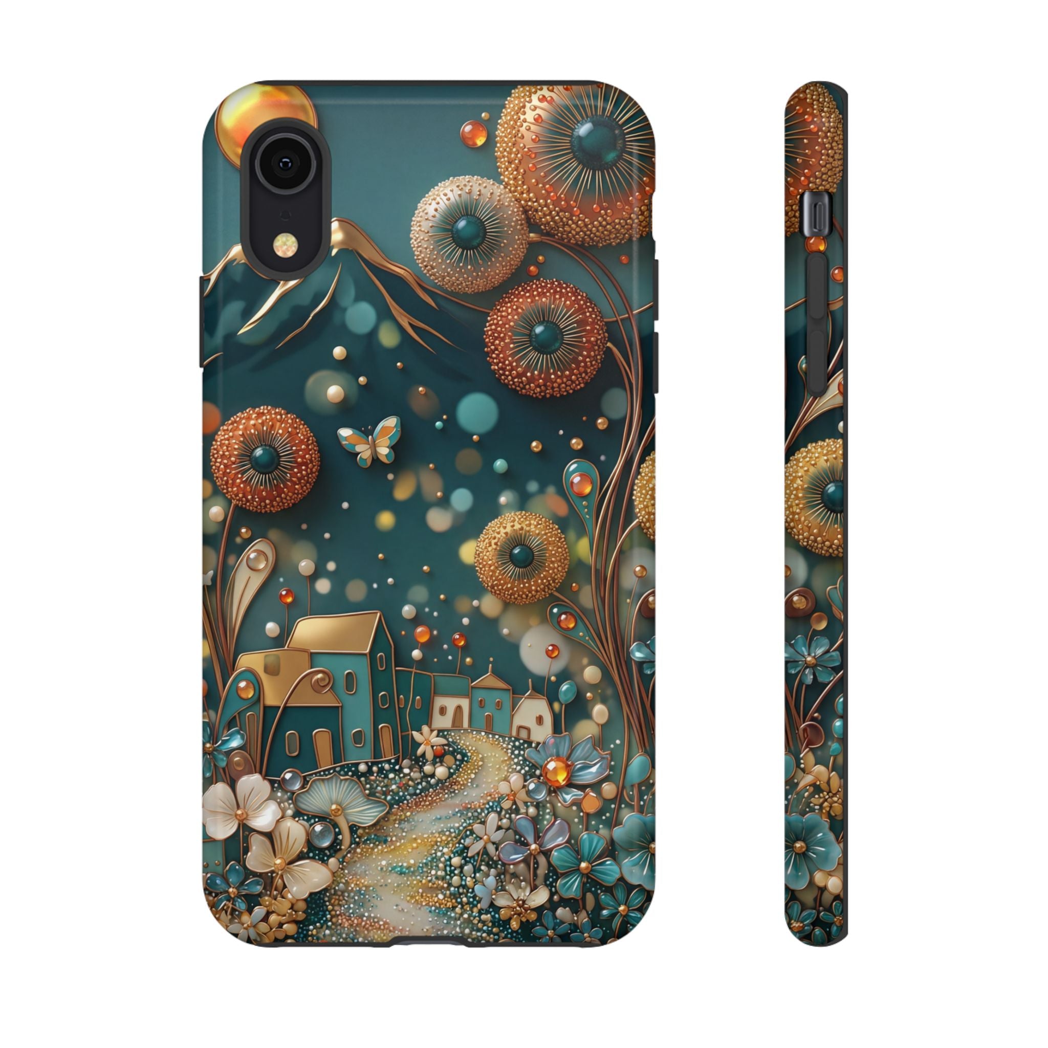 Whimsical Night Village iPhone Case | Floral Moonlit Art Tough Case