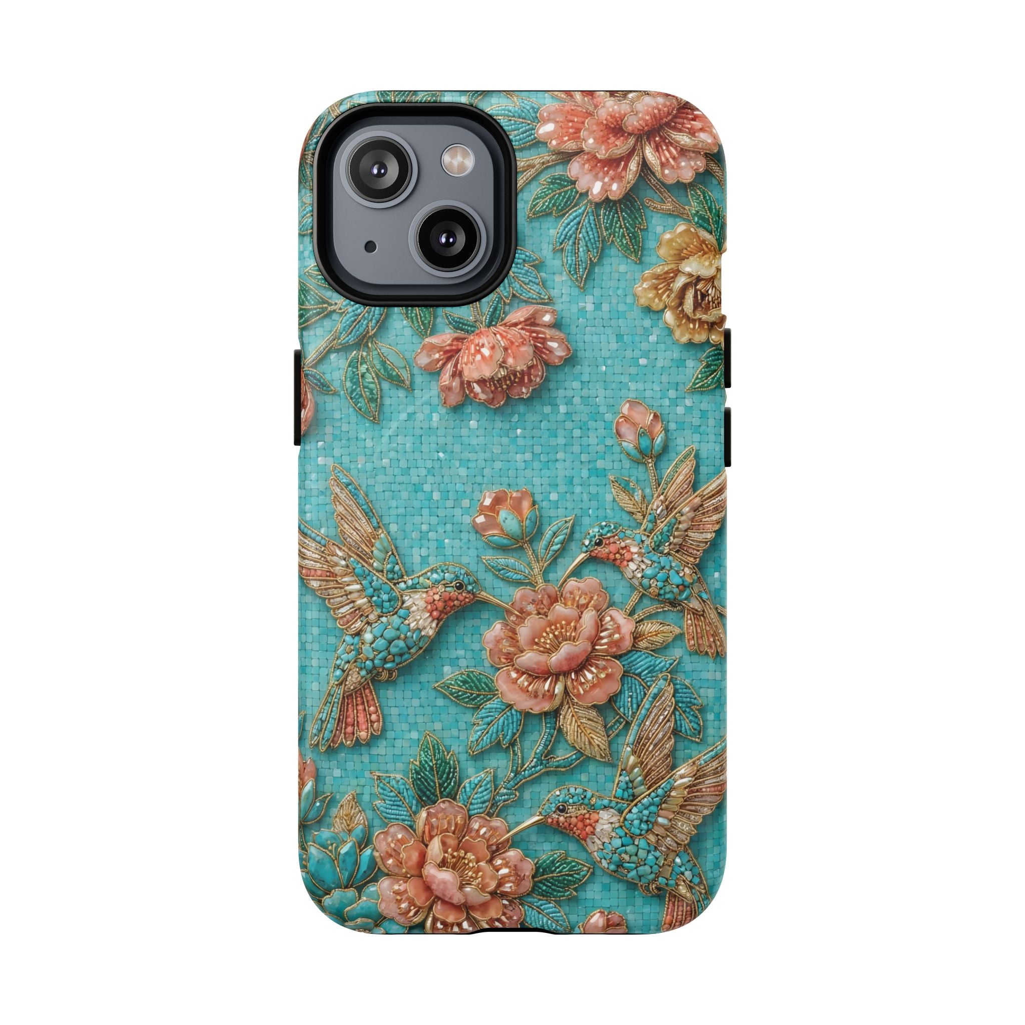 Floral Hummingbird Tough MagSafe iPhone Case | Turquoise Embroidered Garden Design