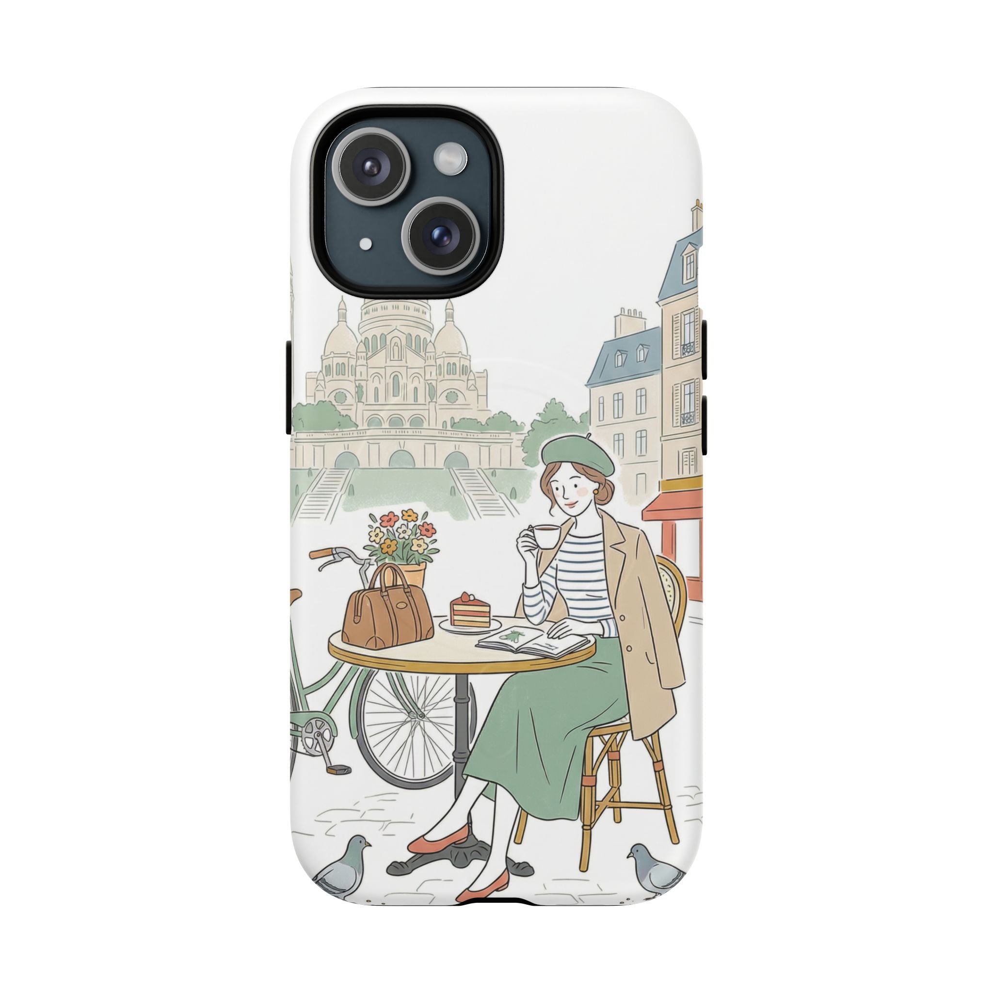 Paris Cafe Illustration MagSafe iPhone Case | Vintage Bicycles & Pigeons Protective Cover