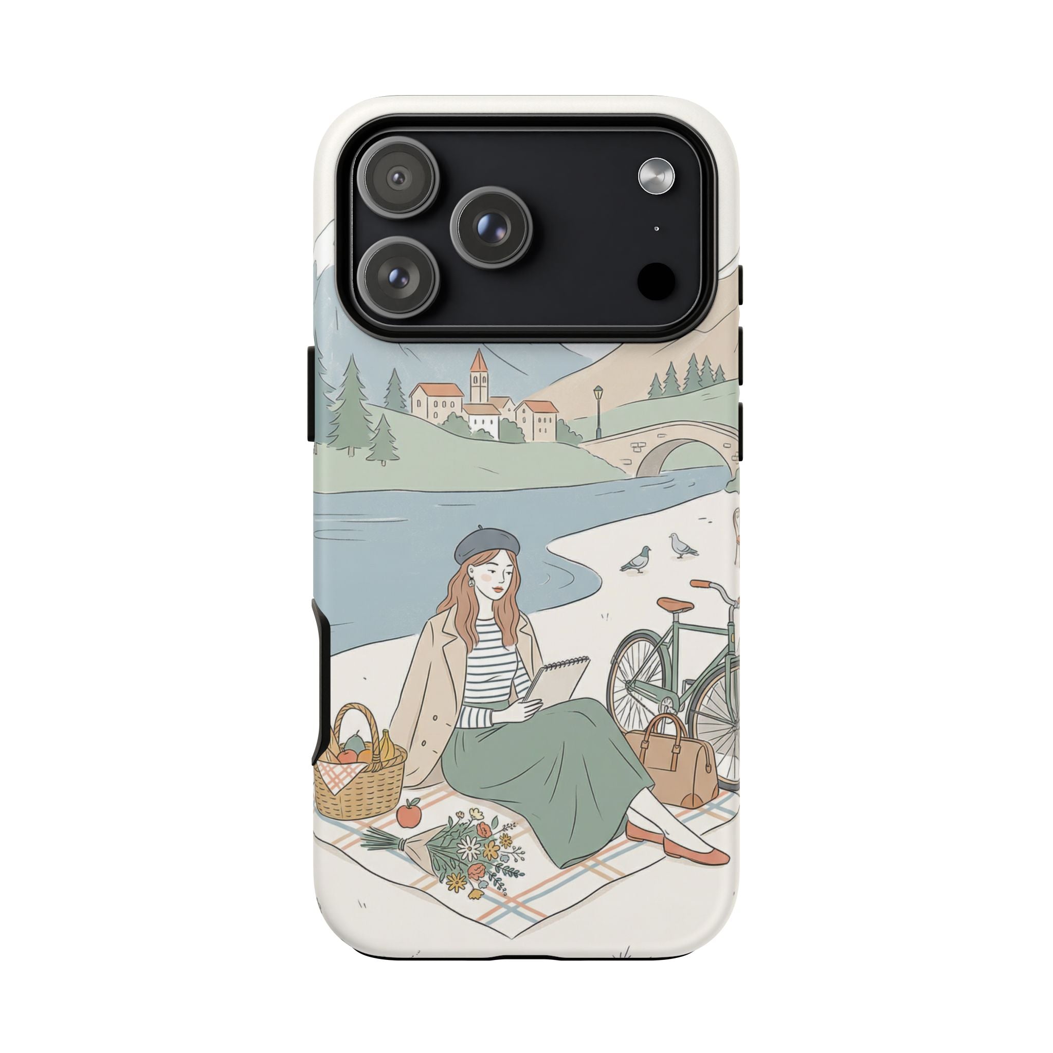 Scenic Picnic iPhone Case | Vintage Bicycle & Mountain Illustration