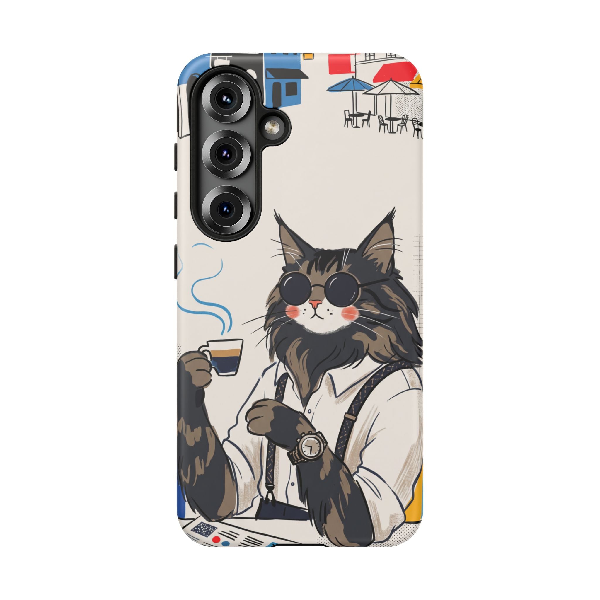 Cat Barista Samsung Galaxy Phone Case | Cool Cat in Sunglasses Coffee Shop Design