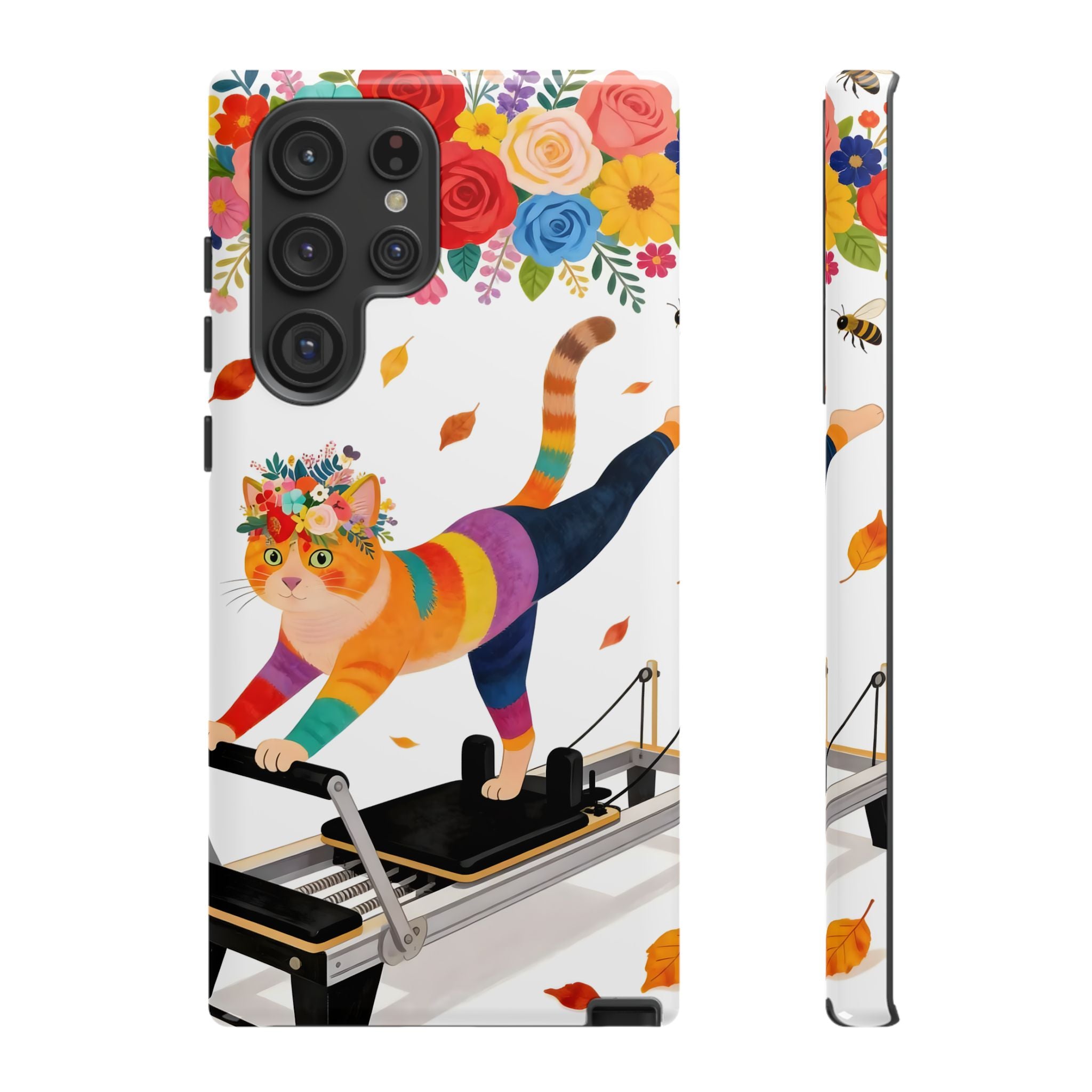 Cat Pilates Samsung Galaxy Phone Case | Floral Rainbow Cat on Reformer