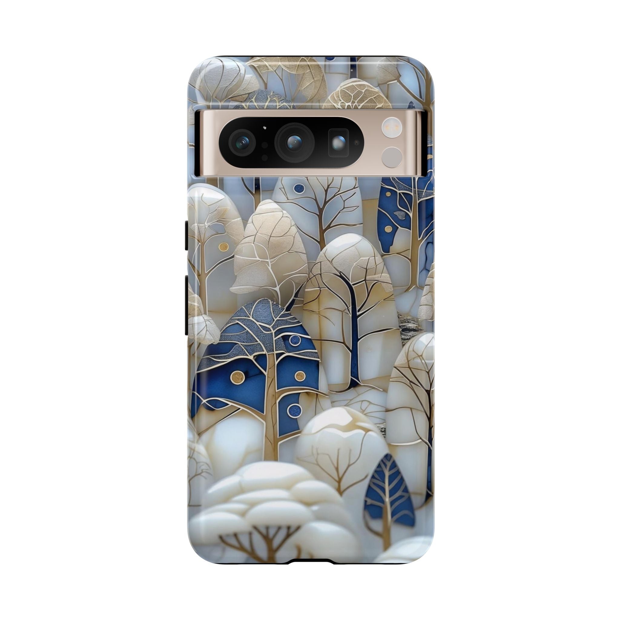 Blue Gold Winter Forest Google Pixel Case — Elegant Tree Pattern Tough Case