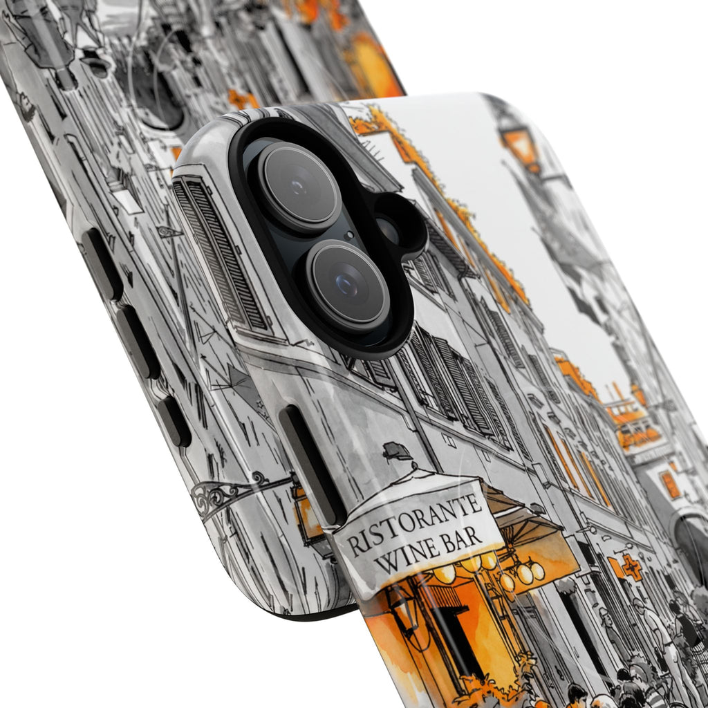 Custodia per iPhone con scena di strada in Italia | Custodia MagSafe resistente con dettagli arancioni