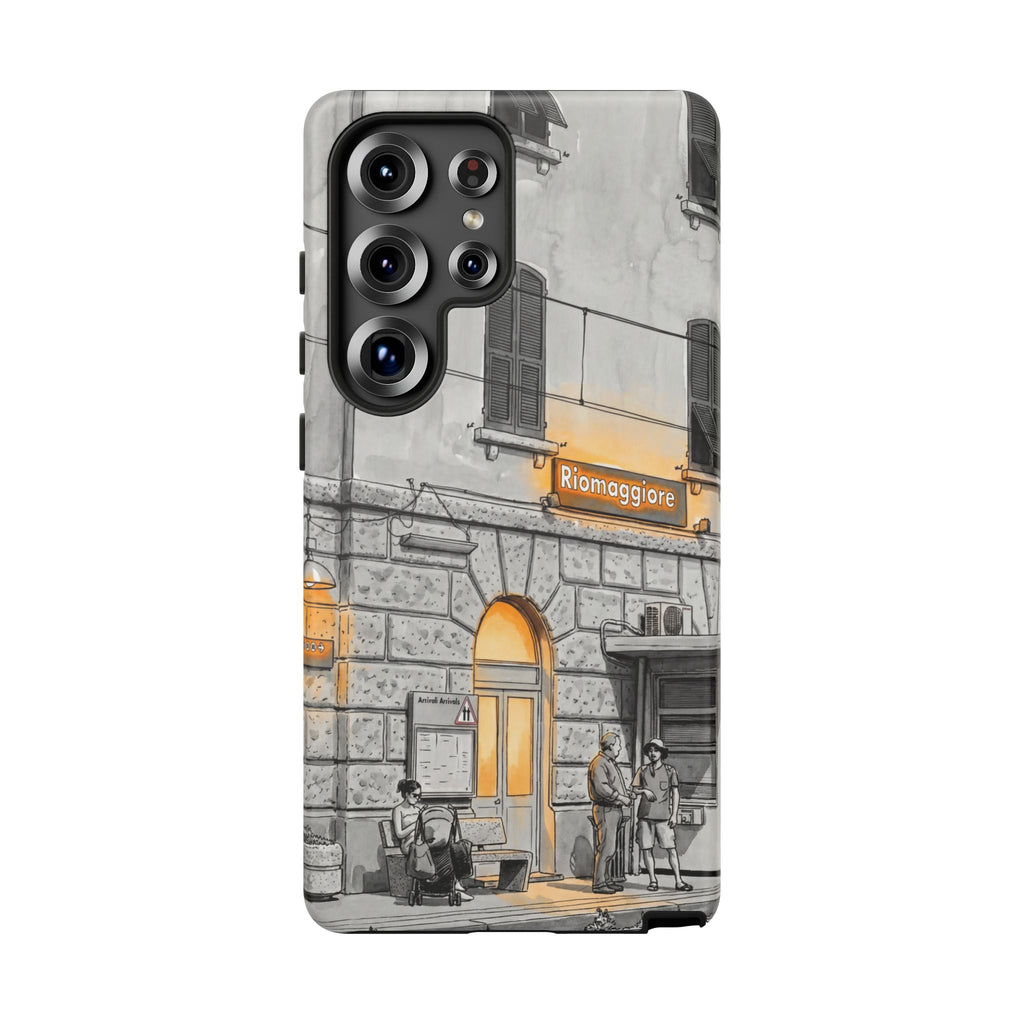 Custodia per Samsung Galaxy con stazione ferroviaria Cinque Terre | Schizzo in bianco e nero con accenti gialli caldi