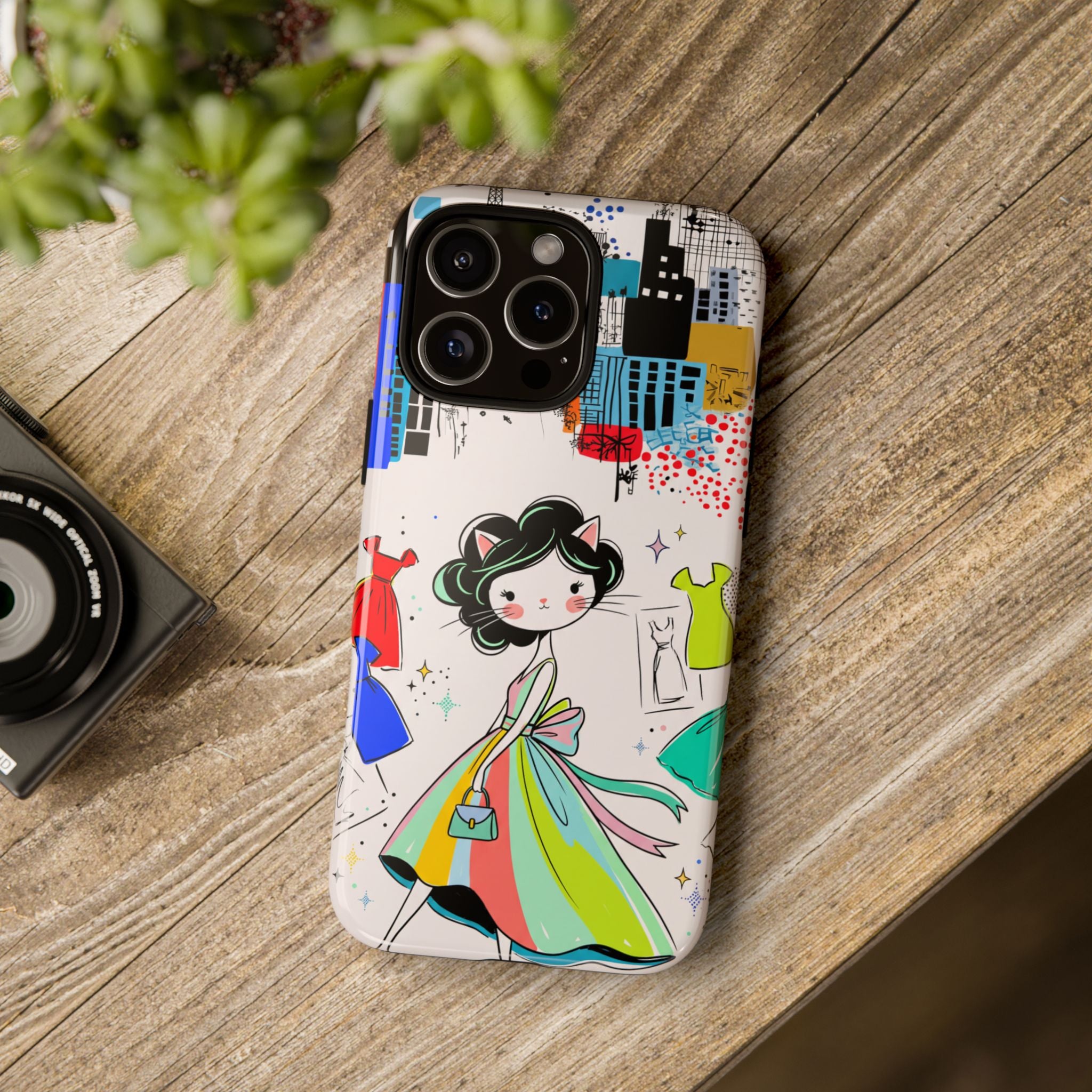 Retro Fashion Cat Girl iPhone Case | Cute Dress & City Print