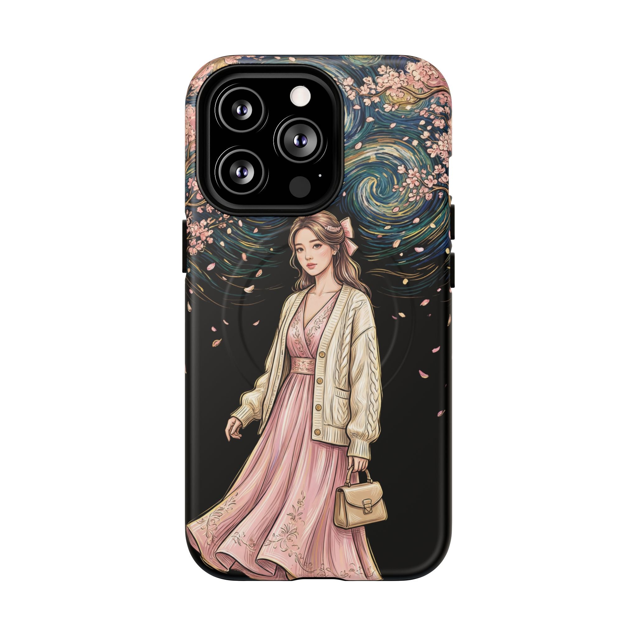 Floral Starry Night MagSafe iPhone Case | Elegant Girl in Pink Dress