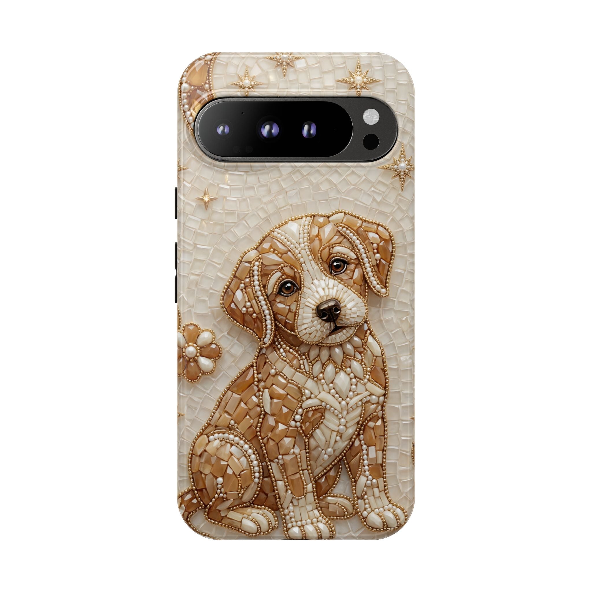 Cute Mosaic Puppy Google Pixel Phone Case — Protective Phone Cover with Brown Puppy Art