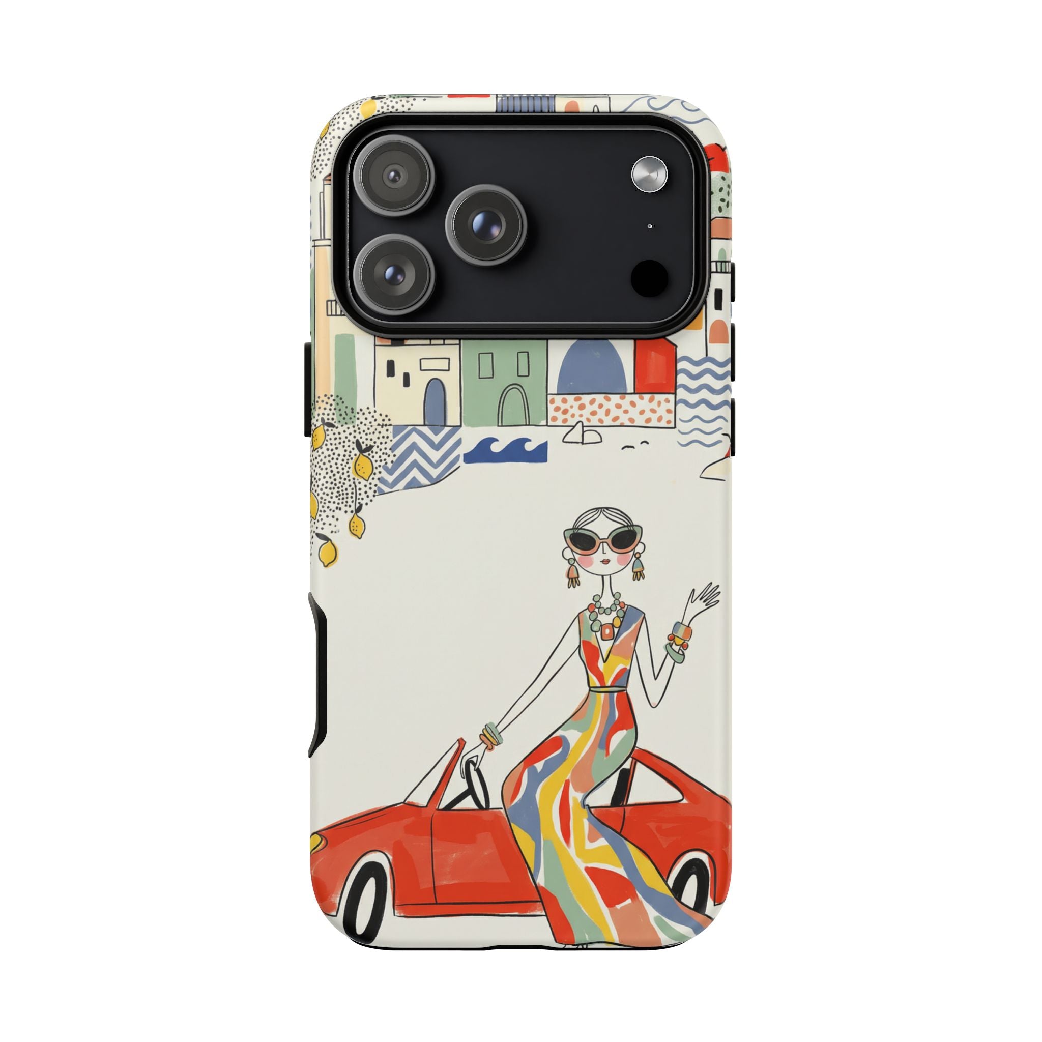 Stylish Riviera iPhone Case | Chic Retro Woman in Convertible Design