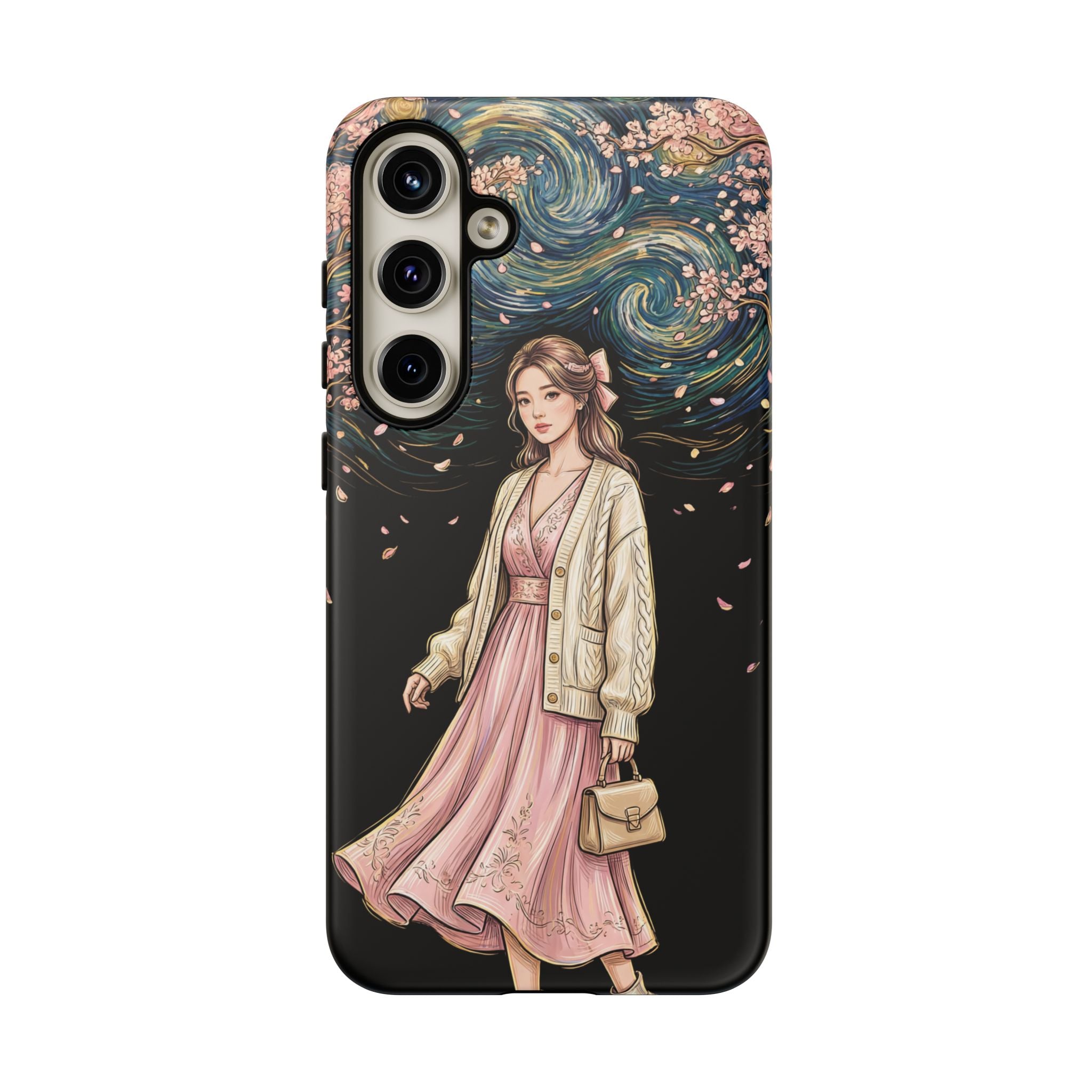 Floral Starry Night Samsung Galaxy Phone Case | Elegant Girl in Pink Dress