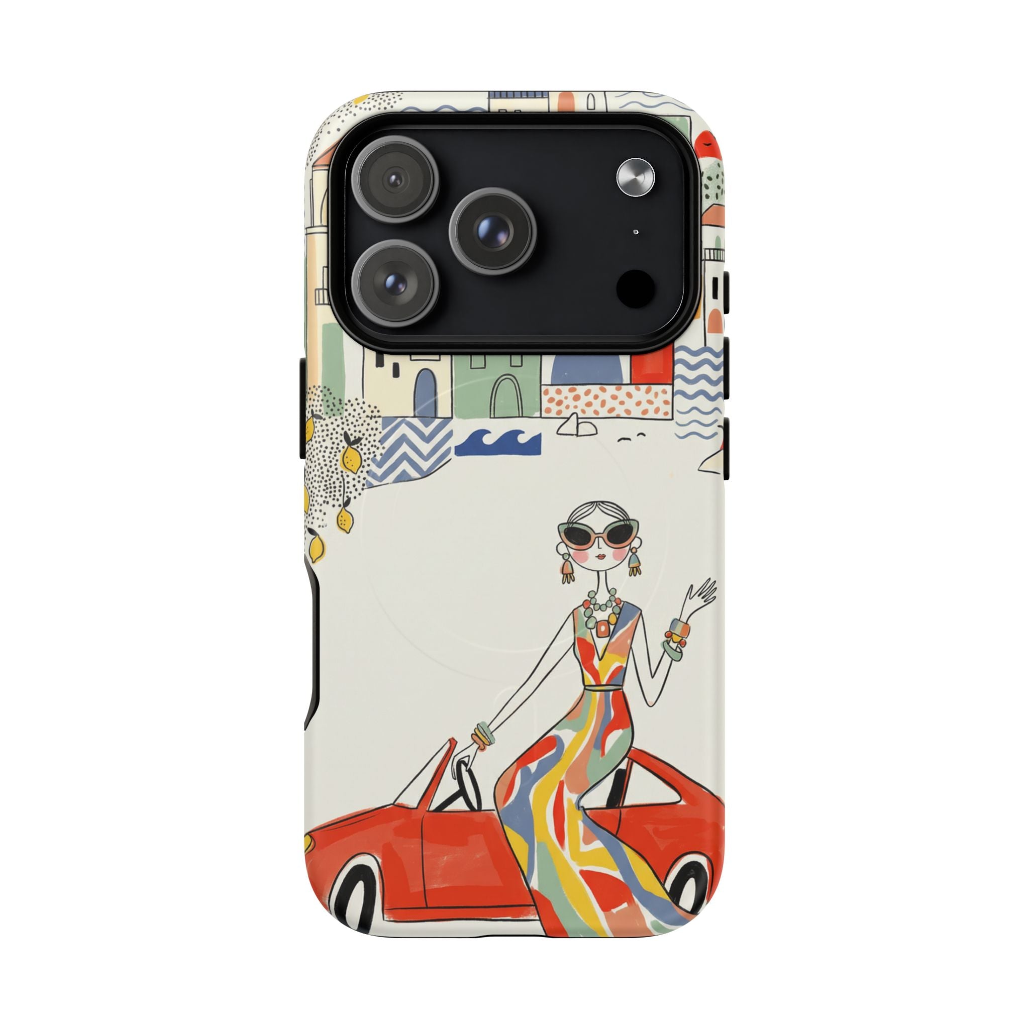 Stylish Riviera MagSafe iPhone Case | Chic Retro Woman in Convertible Design