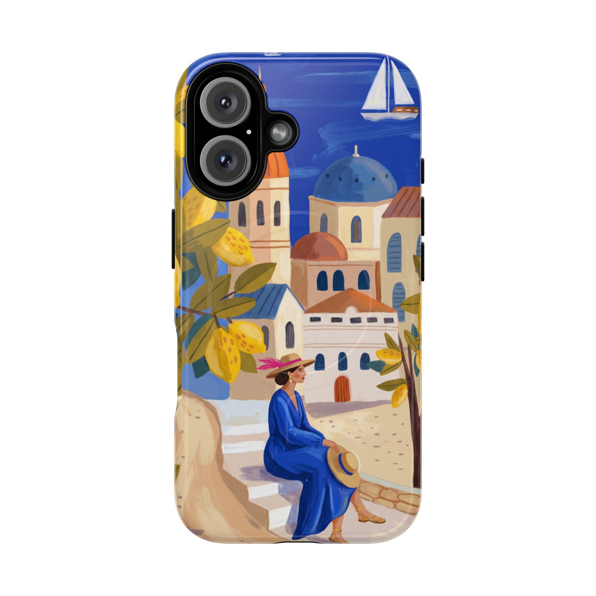 Mediterranean Village MagSafe iPhone Case | Scenic Sailboat & Lemon Grove Design