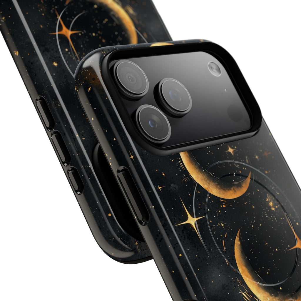 Custodia rigida MagSafe per iPhone con fasi lunari celestiali | Design a forma di galassia con mezzaluna dorata e luna piena
