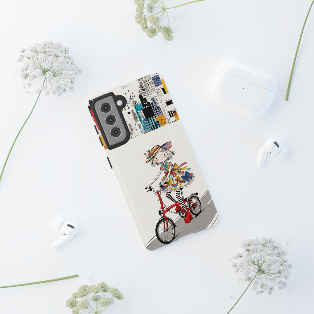 Whimsical Girl on Brompton Bicycle Urban Illustration Samsung Galaxy Phone Case