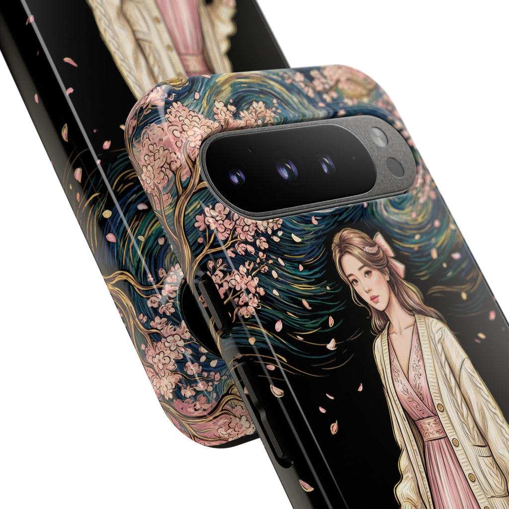 Floral Starry Night Google Pixel Phone Case | Elegant Girl in Pink Dress