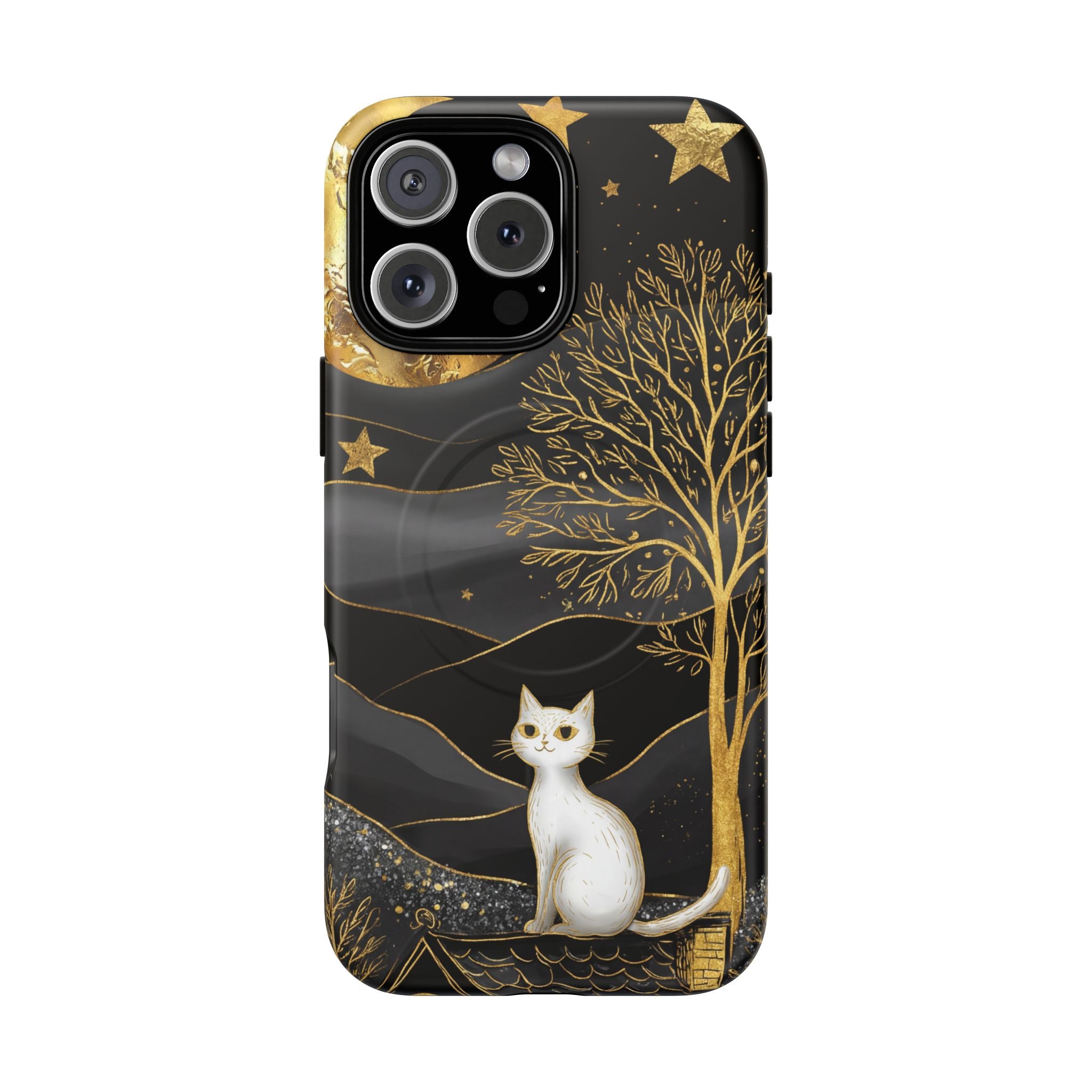 Custodia per iPhone Moonlit Cat | Custodia resistente MagSafe nera e oro
