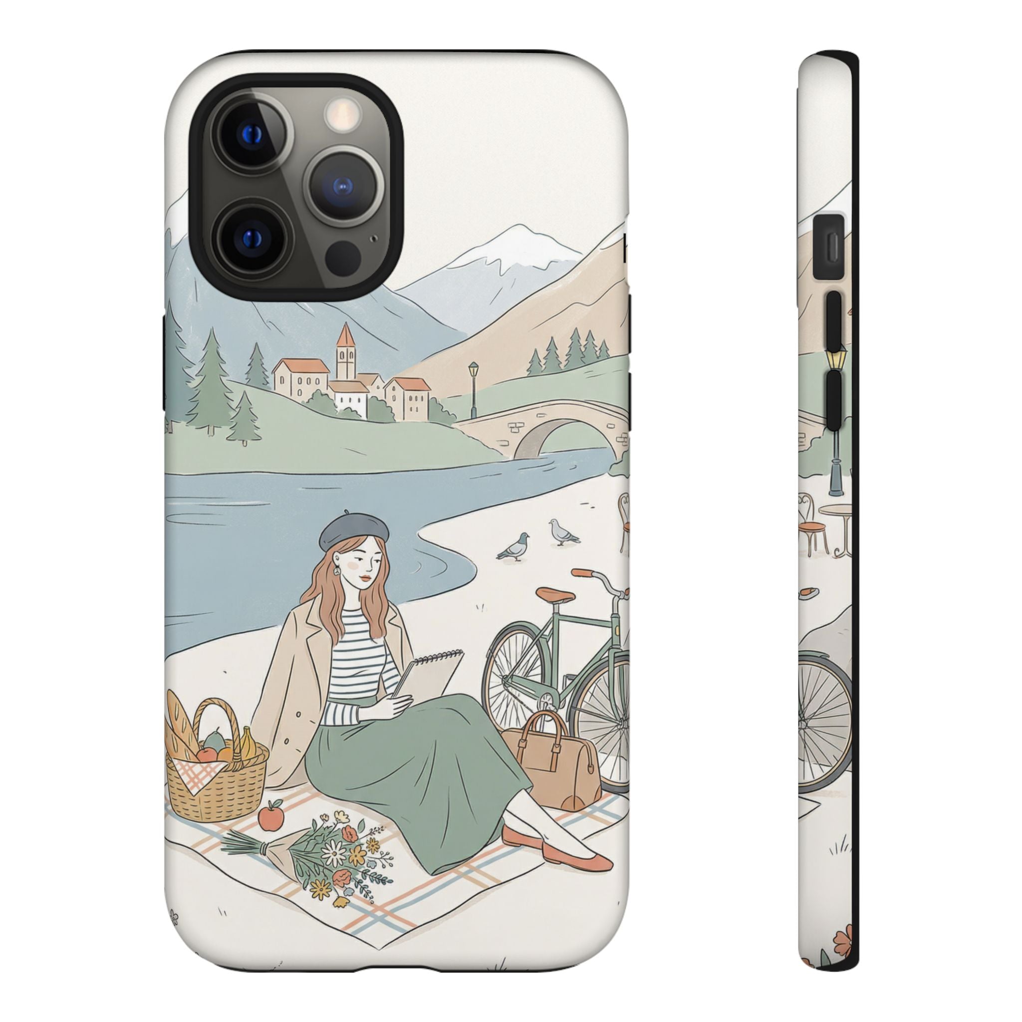 Scenic Picnic iPhone Case | Vintage Bicycle & Mountain Illustration