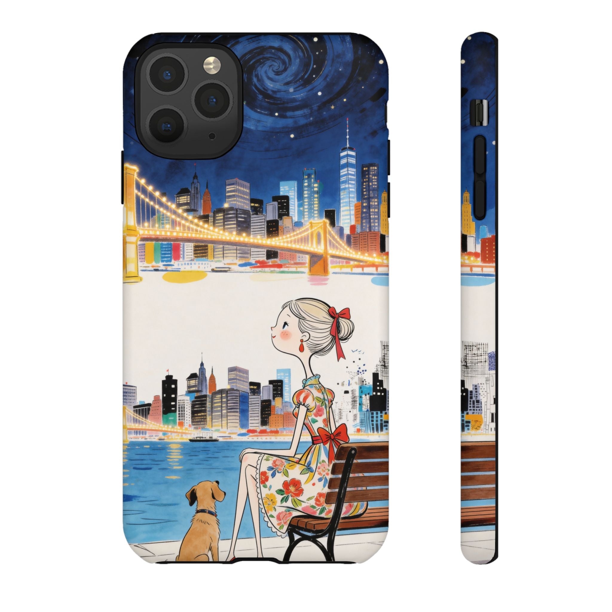 City Night iPhone Case | Cute Girl & Dog Bench Illustration