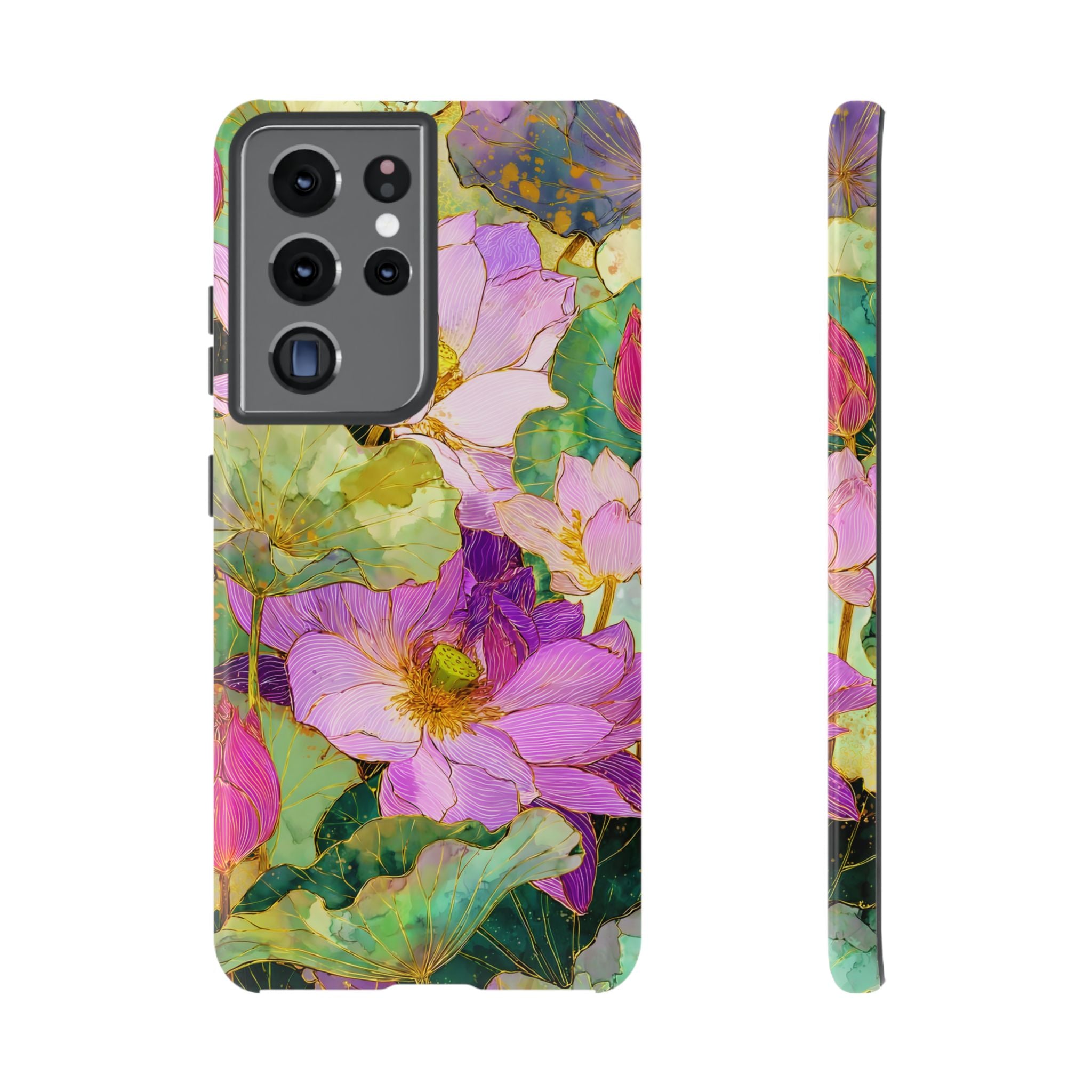 Custodia Protettiva Resistente per Telefono Samsung Galaxy con Acquerello Floreale | Cover Protettiva Giardino di Loto Rosa
