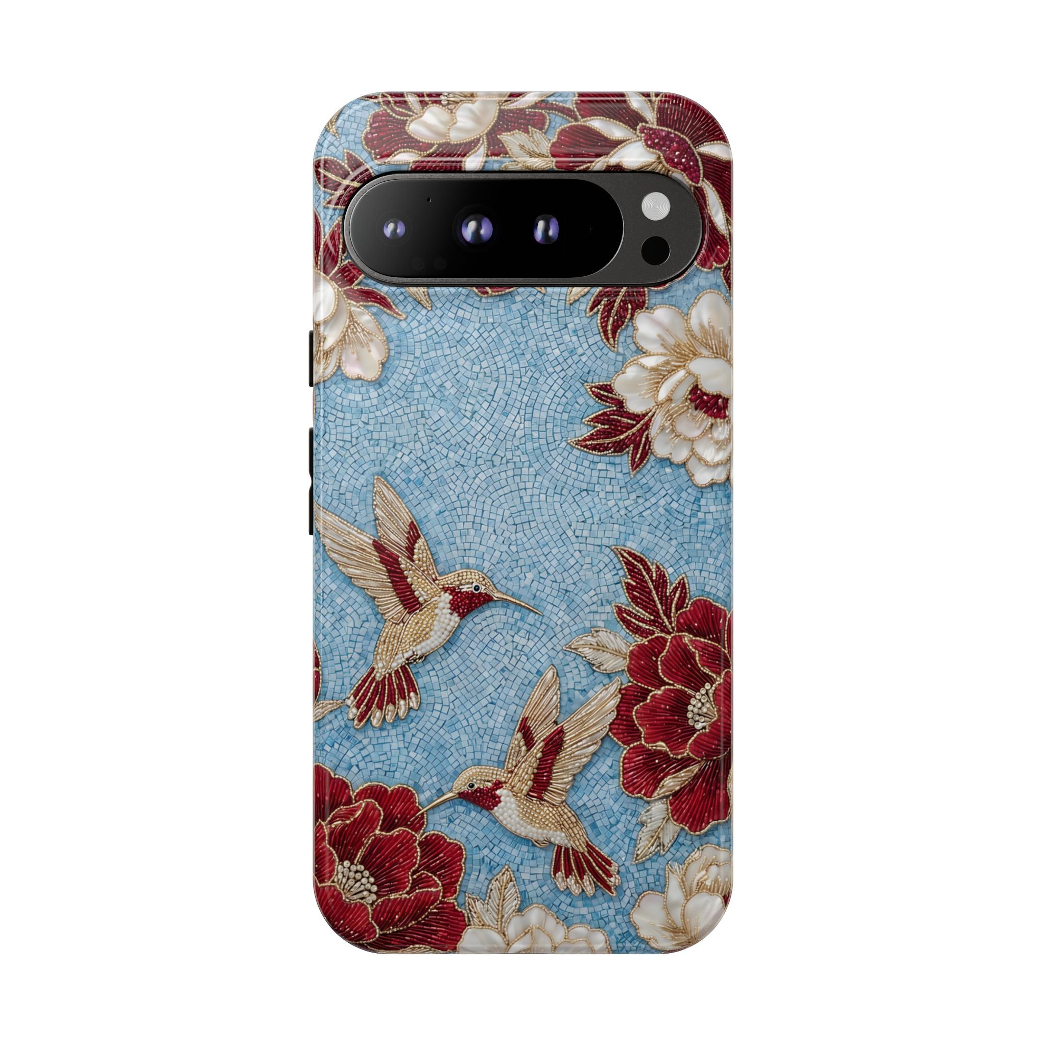 Floral Hummingbird Tough Google Pixel Phone Case | Vintage Blue & Burgundy Botanical Design