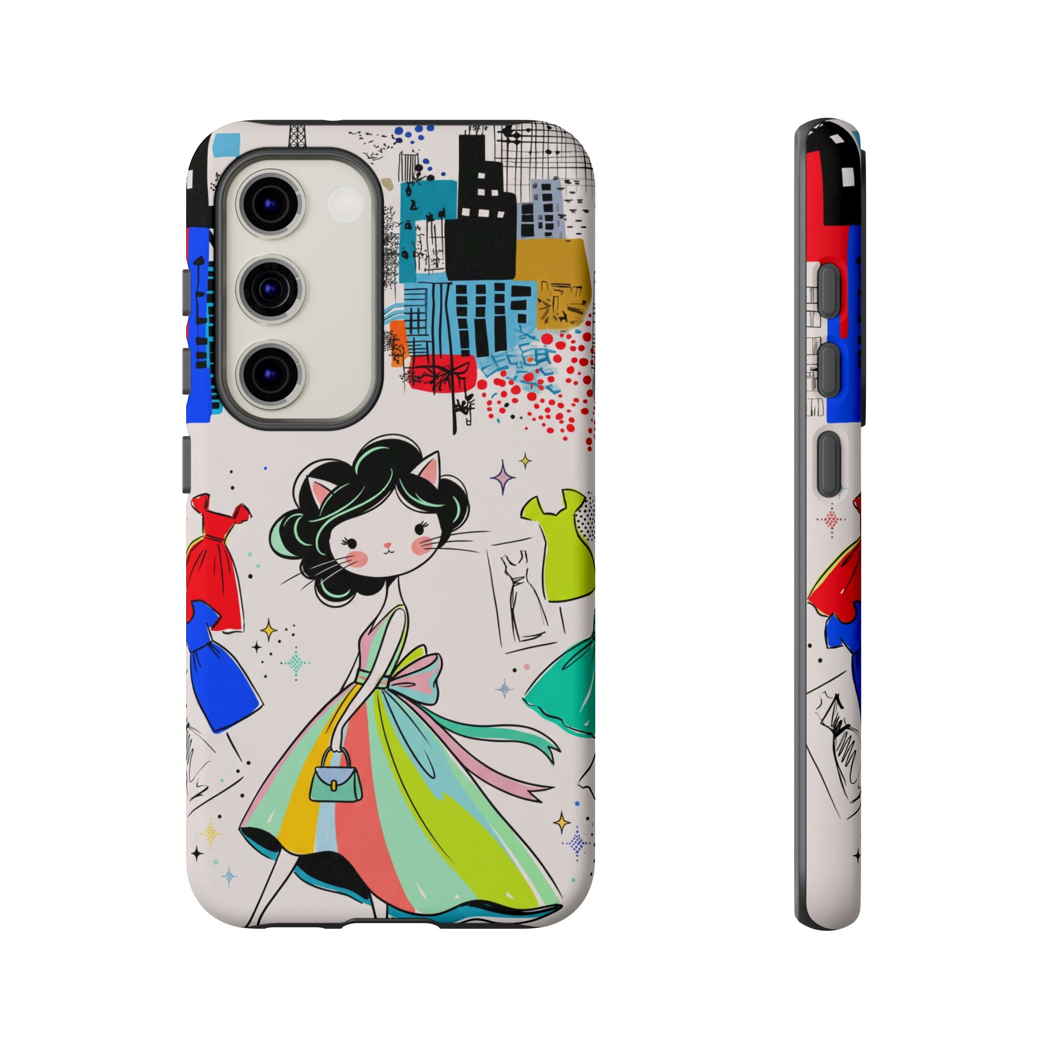 Retro Fashion Cat Girl Samsung Galaxy Phone Case | Cute Dress & City Print