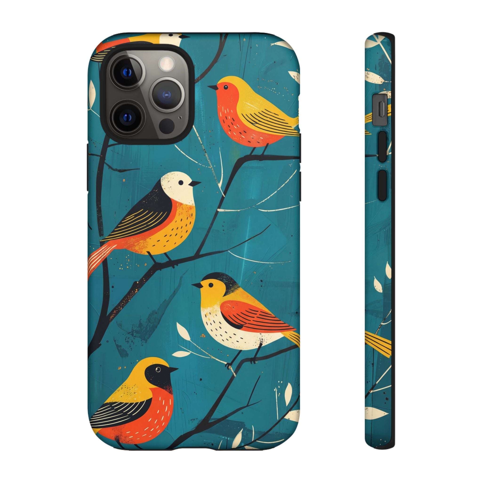 Bird Pattern Tough iPhone Case | Colourful Songbirds on Teal Background