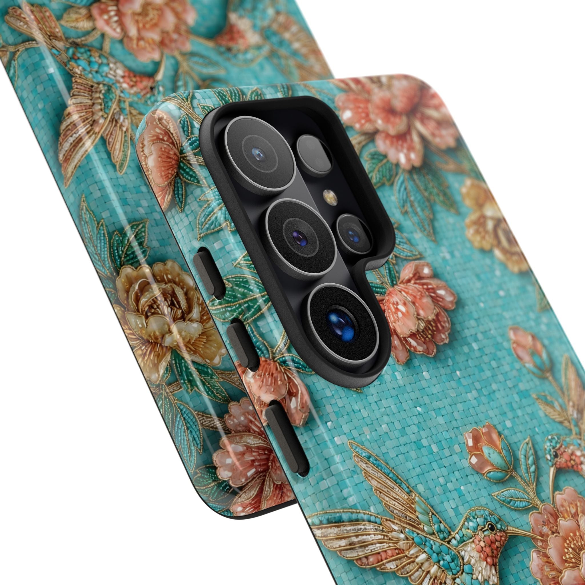 Floral Hummingbird Tough Samsung Galaxy Phone Case | Turquoise Embroidered Garden Design