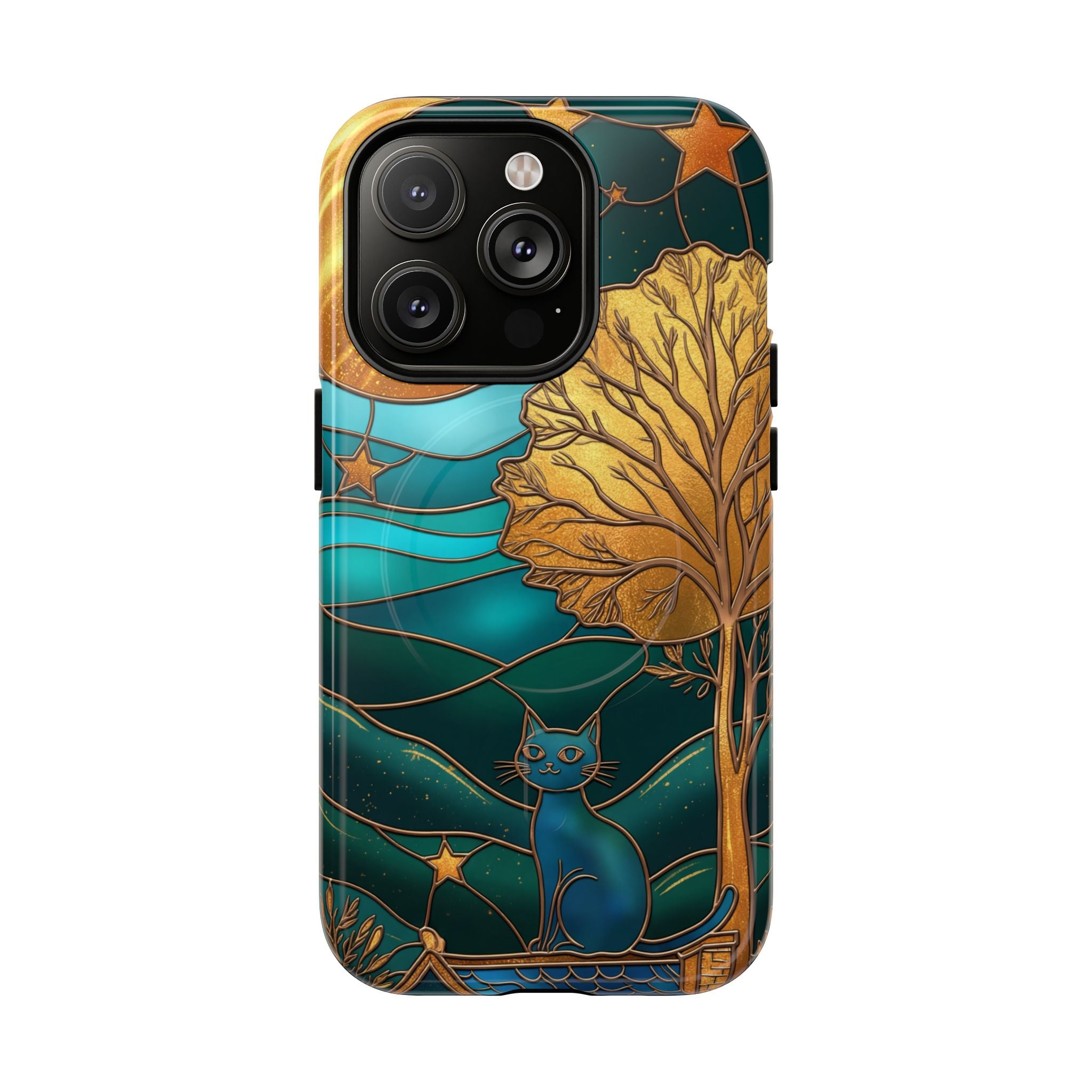 Art Nouveau Cat iPhone Case | Stained Glass Moon & Tree Tough MagSafe Case