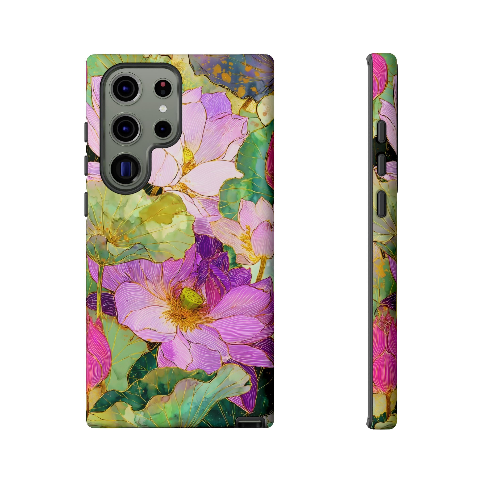 Custodia Protettiva Resistente per Telefono Samsung Galaxy con Acquerello Floreale | Cover Protettiva Giardino di Loto Rosa