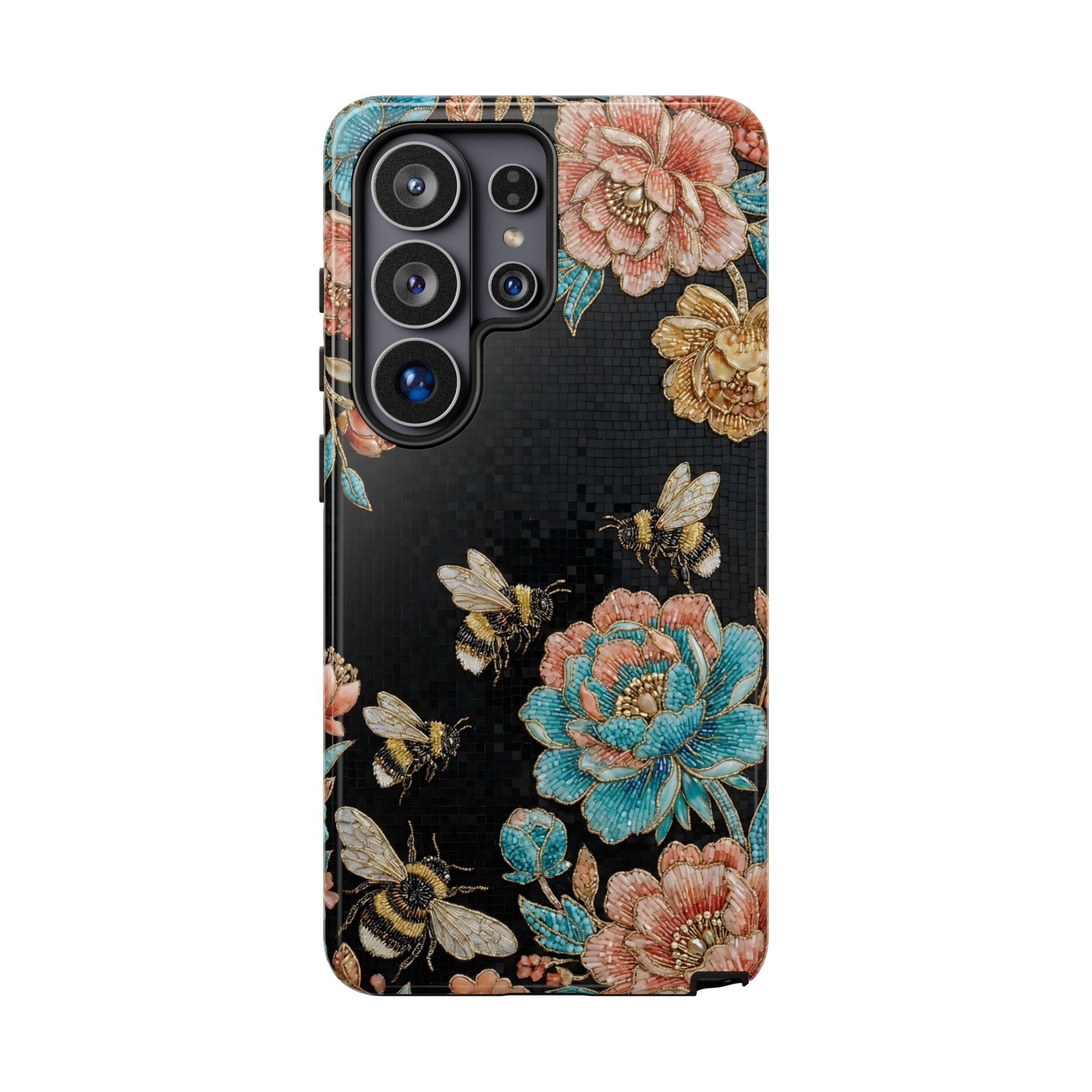 Floral Bees Tough Samsung Galaxy Phone Case | Vintage Rose & Bumblebee Protective Cover