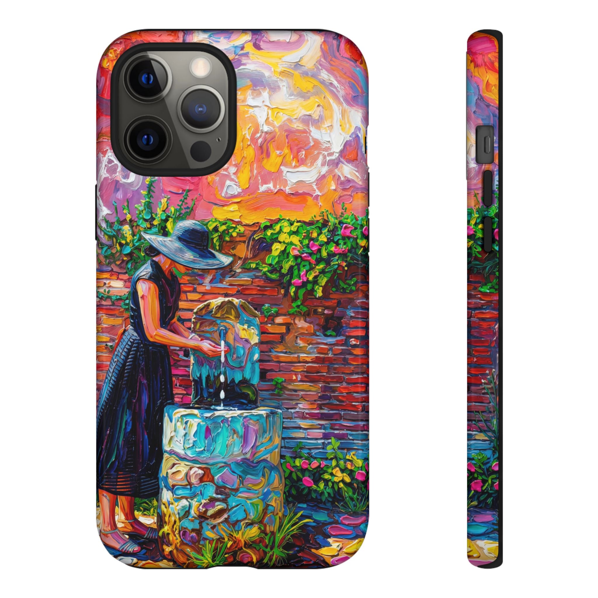 Artistic Garden iPhone Case | Woman at Fountain Colourful Painterly Design