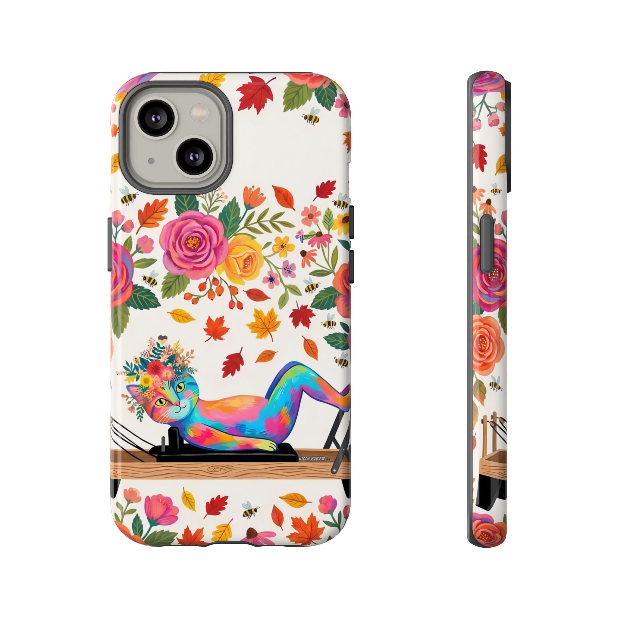 Autumn Floral Pilates iPhone Case | Colorful Rainbow Pilates Cat on Falling Leaves