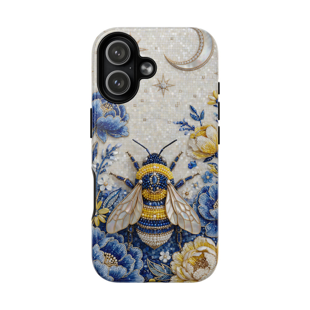 Floral Bee Tough MagSafe iPhone Case | Blue & Yellow Moon Garden Design