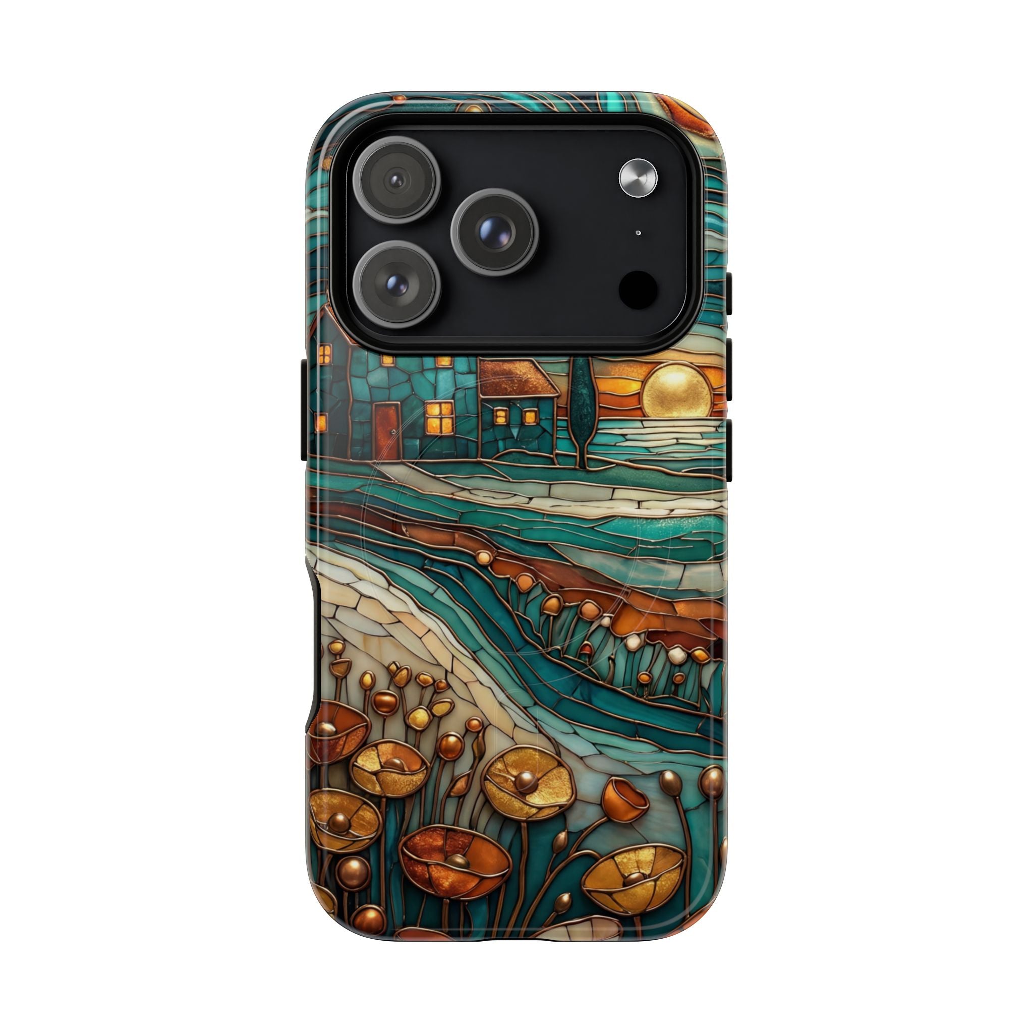 Custodia per telefono MagSafe resistente con paesaggio rustico al tramonto | Custodia protettiva artistica color verde acqua e rame