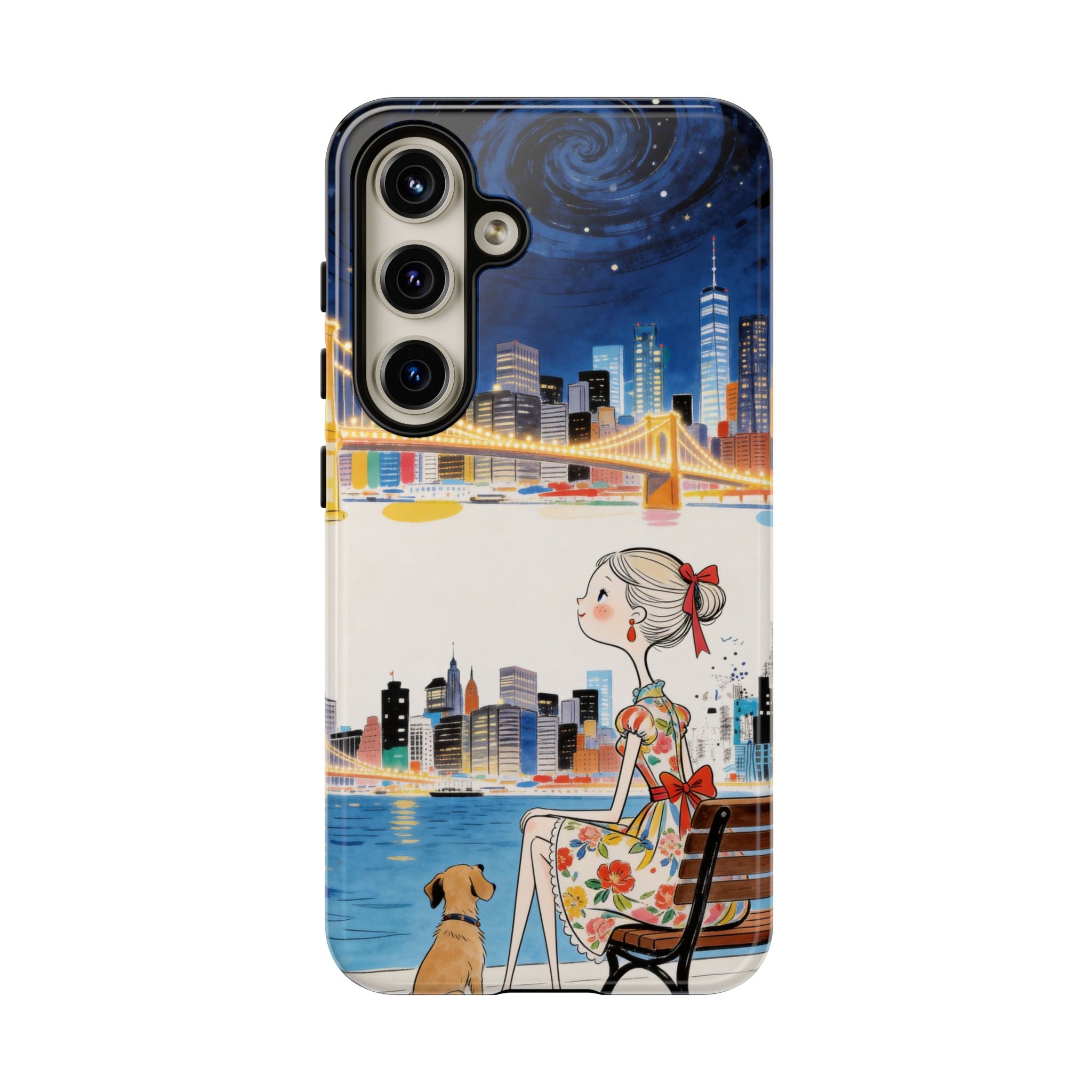 City Night Samsung Galaxy Phone Case | Cute Girl & Dog Bench Illustration