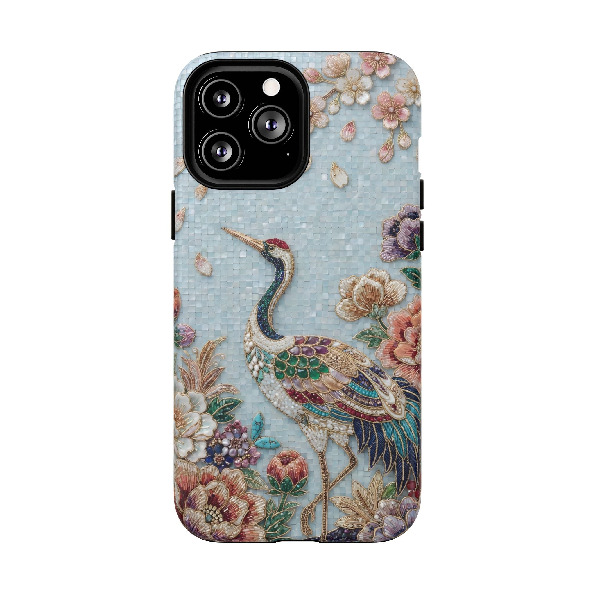 Floral Crane Tough MagSafe iPhone Case | Vintage Embroidered Bird Protection