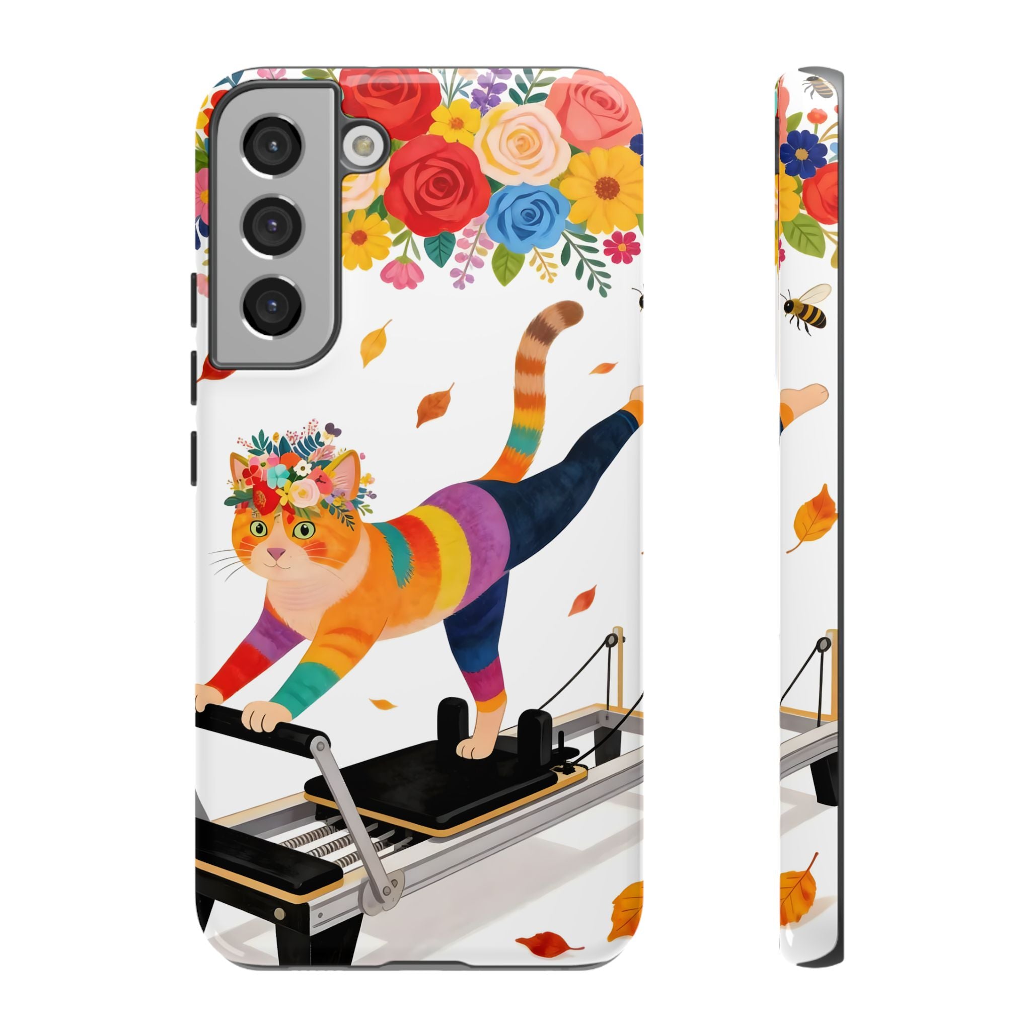 Cat Pilates Samsung Galaxy Phone Case | Floral Rainbow Cat on Reformer