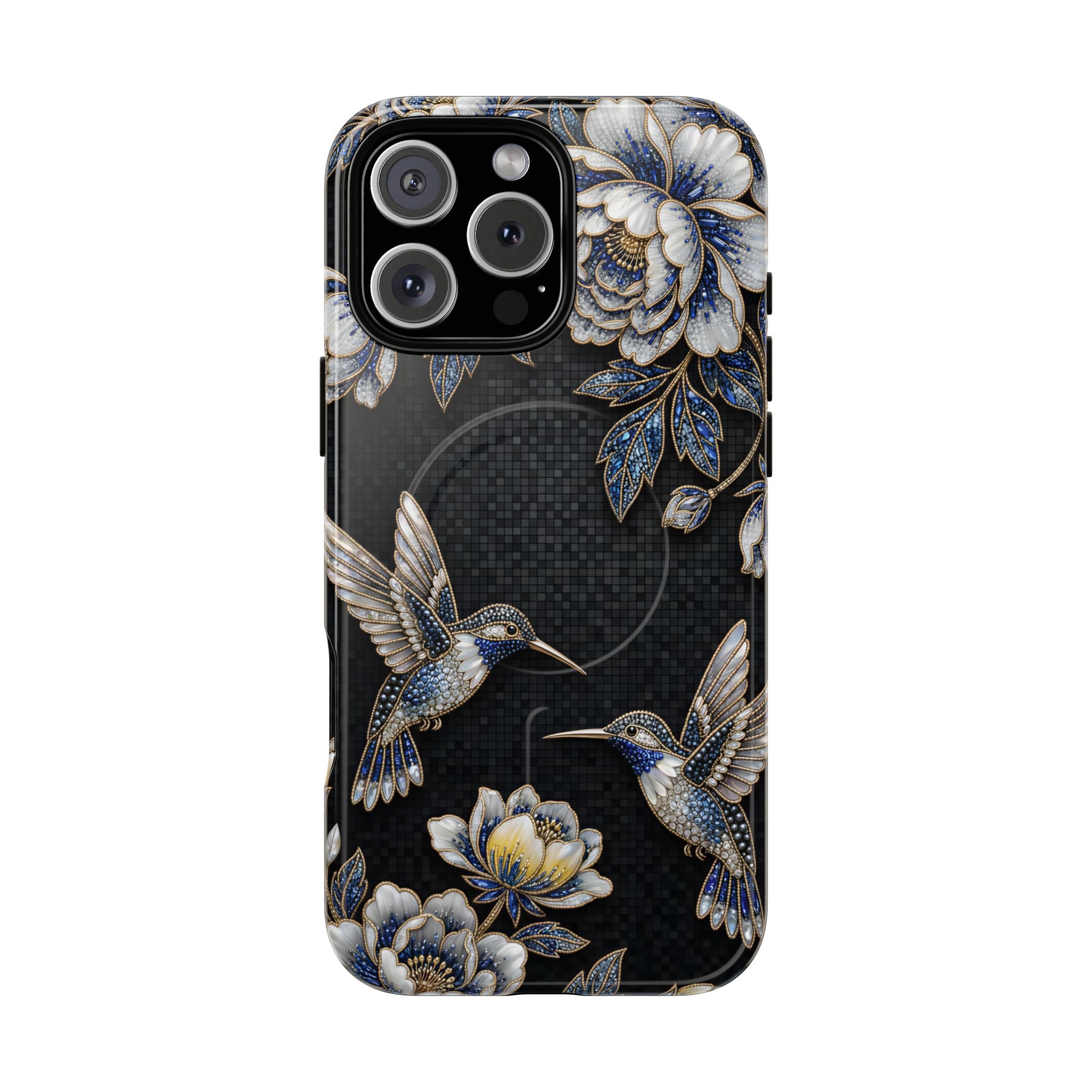 Hummingbird & Peony Floral MagSafe iPhone Case | Elegant Black Protective Cover