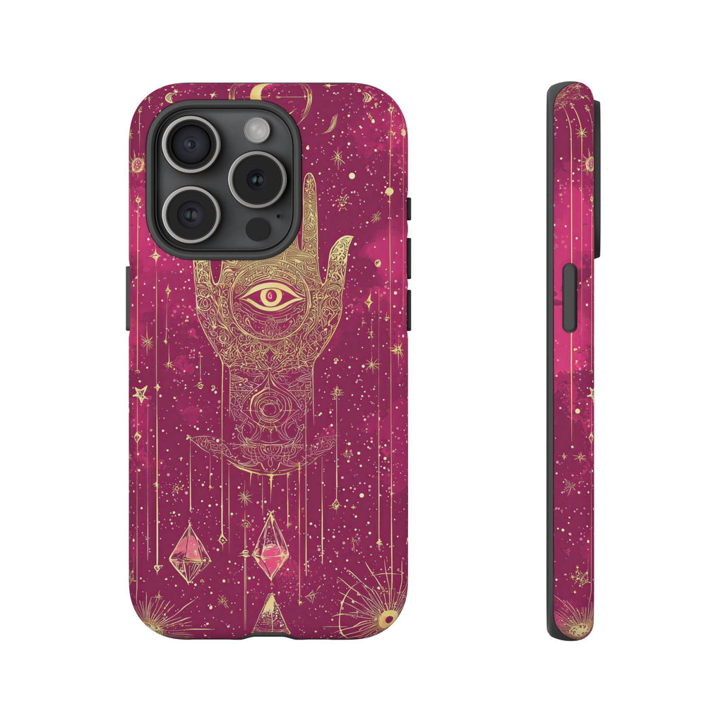 Mystic Hamsa iPhone Case | Gold Palm & All-Seeing Eye on Magenta Galaxy