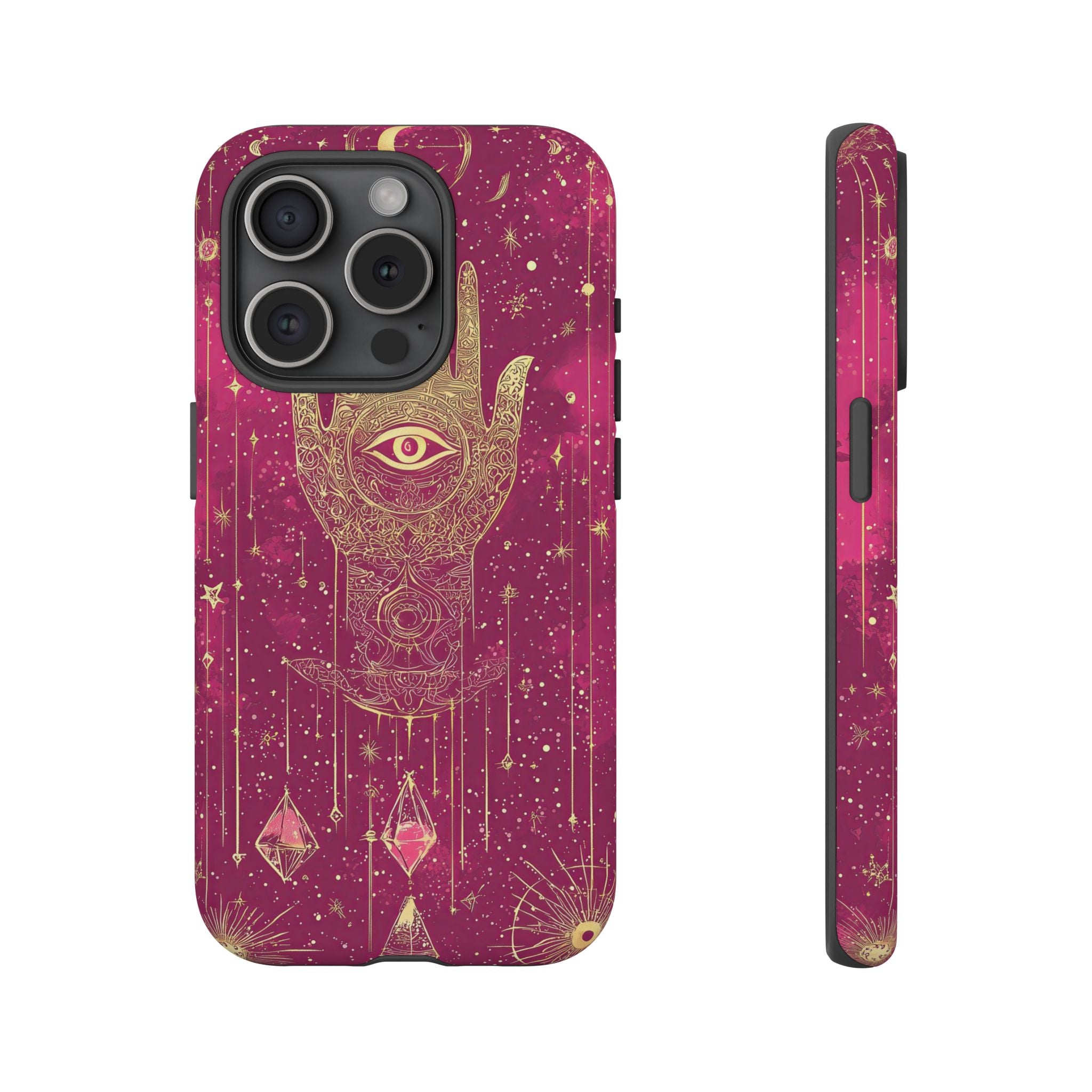 Mystic Hamsa iPhone Case | Gold Palm & All-Seeing Eye on Magenta Galaxy