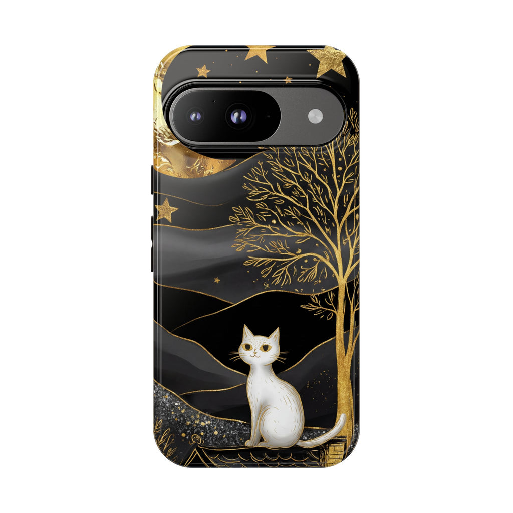 Mystic Night Cat Google Pixel Case | Gold Tree & Stars Tough Case
