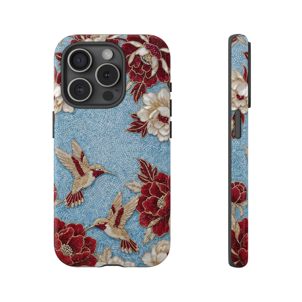 Custodia resistente per iPhone Colibrì floreale | Design botanico vintage blu e bordeaux