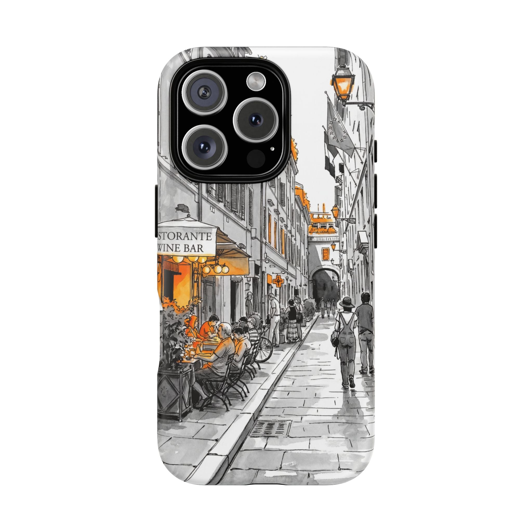 Custodia per iPhone con scena di strada in Italia | Custodia MagSafe resistente con dettagli arancioni