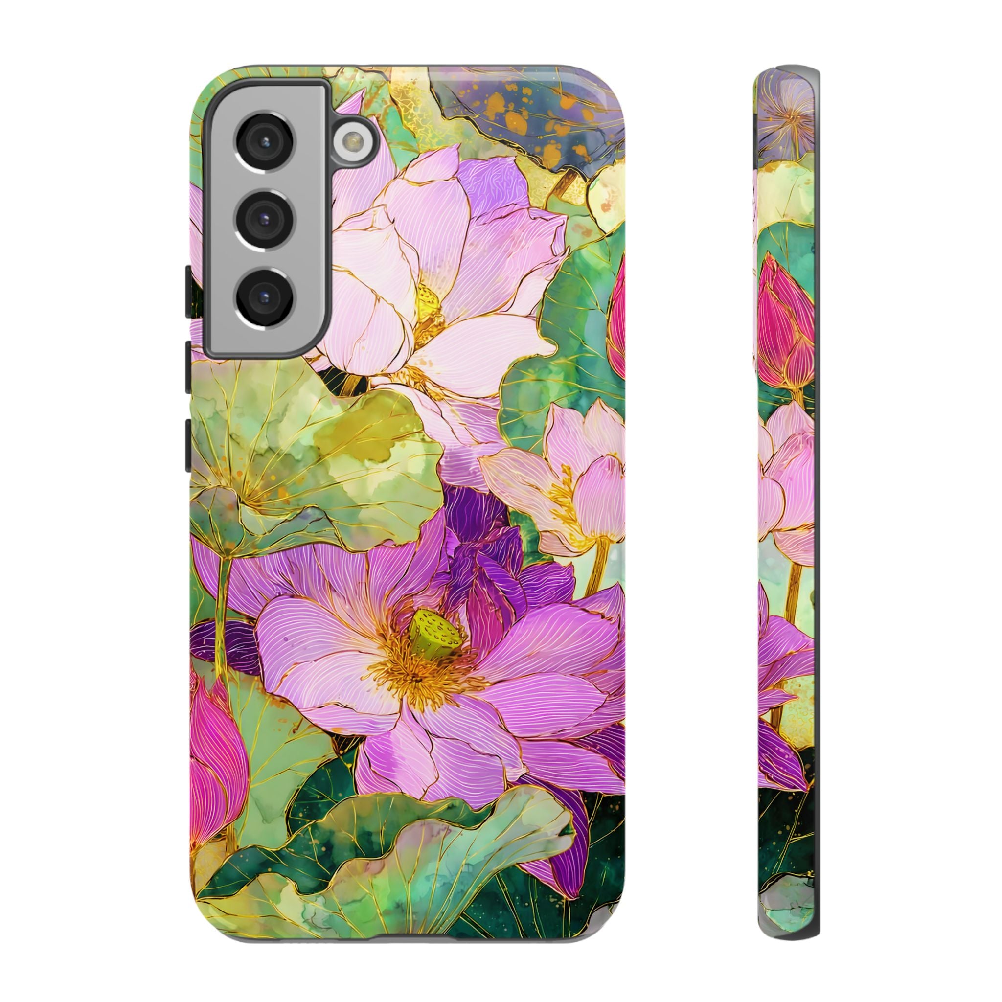 Custodia Protettiva Resistente per Telefono Samsung Galaxy con Acquerello Floreale | Cover Protettiva Giardino di Loto Rosa